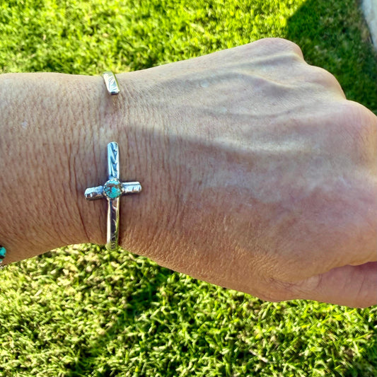 Sterling Silver Cross Cuff Bracelet • Number 8 Turquoise • Rustic Southwestern Faith Jewelry