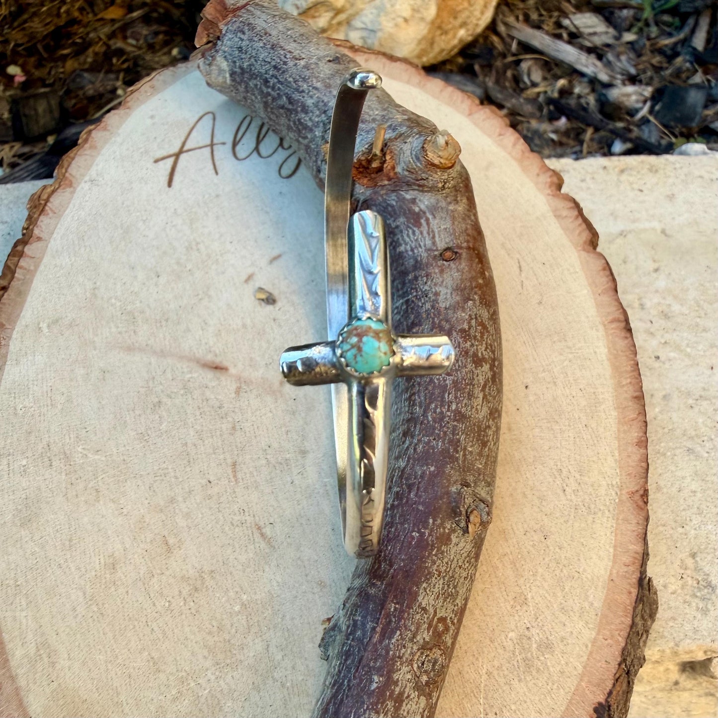 Sterling Silver Cross Cuff Bracelet • Number 8 Turquoise • Rustic Southwestern Faith Jewelry