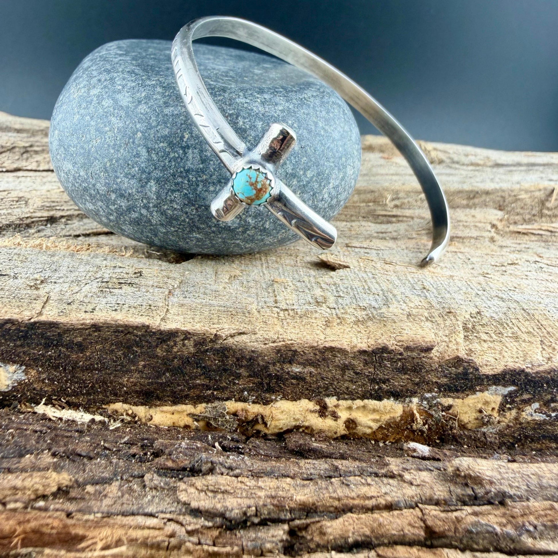 Sterling Silver Cross Cuff Bracelet • Number 8 Turquoise • Rustic Southwestern Faith Jewelry