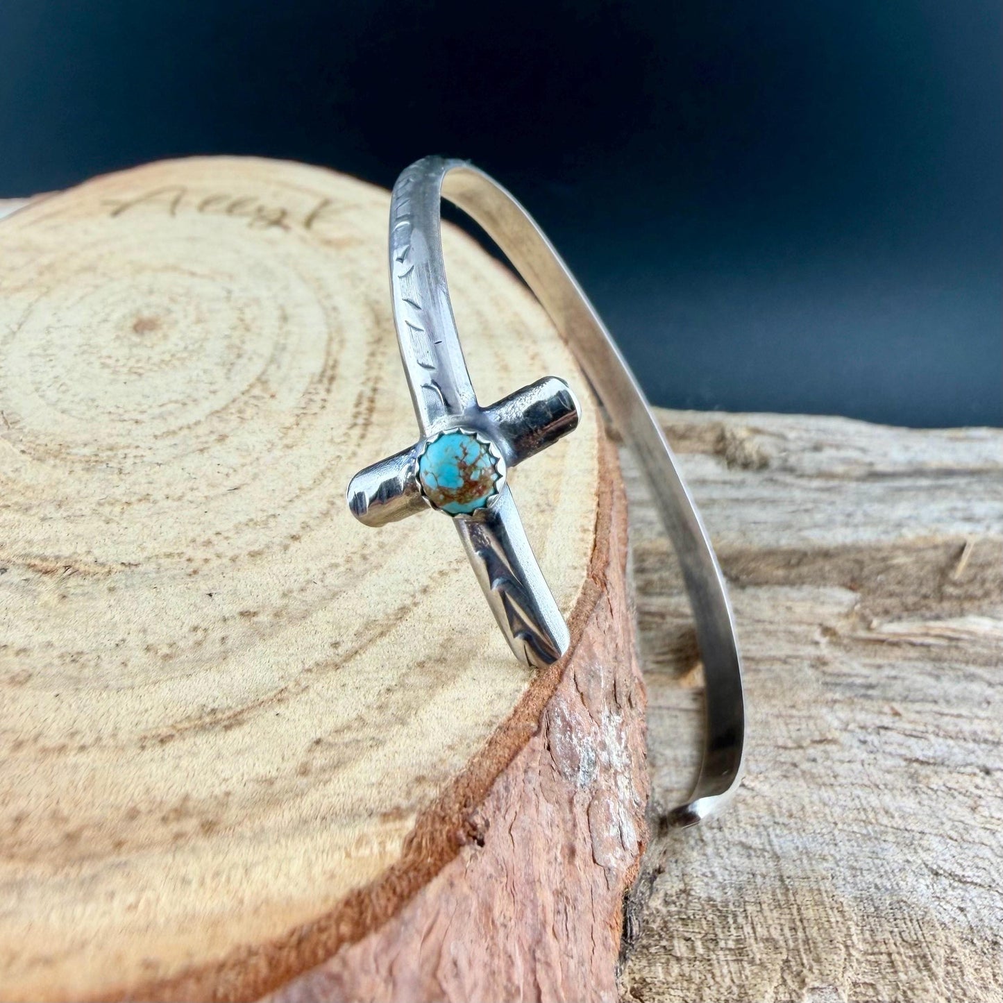 Sterling Silver Cross Cuff Bracelet • Number 8 Turquoise • Rustic Southwestern Faith Jewelry