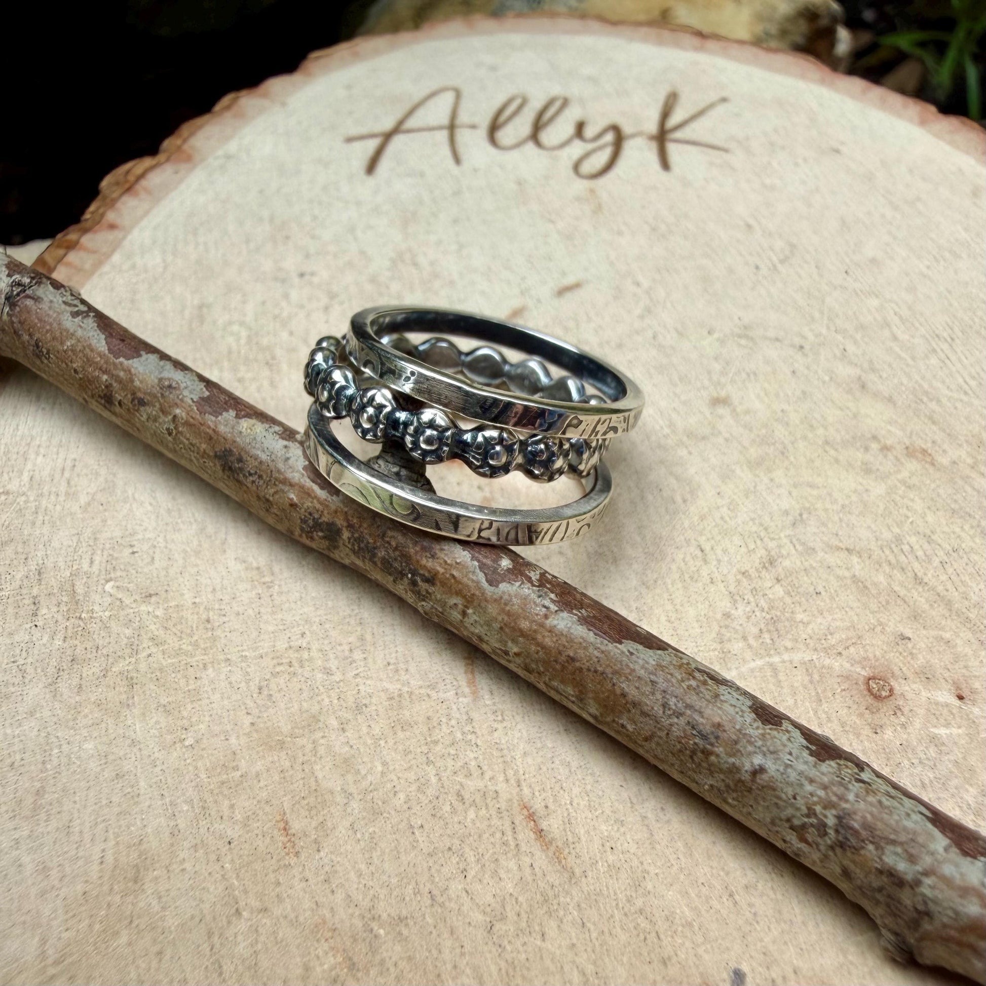 Sterling Ring Stack • 3 Ring Floral Set • Daisy Band • Rustic Silver Rings