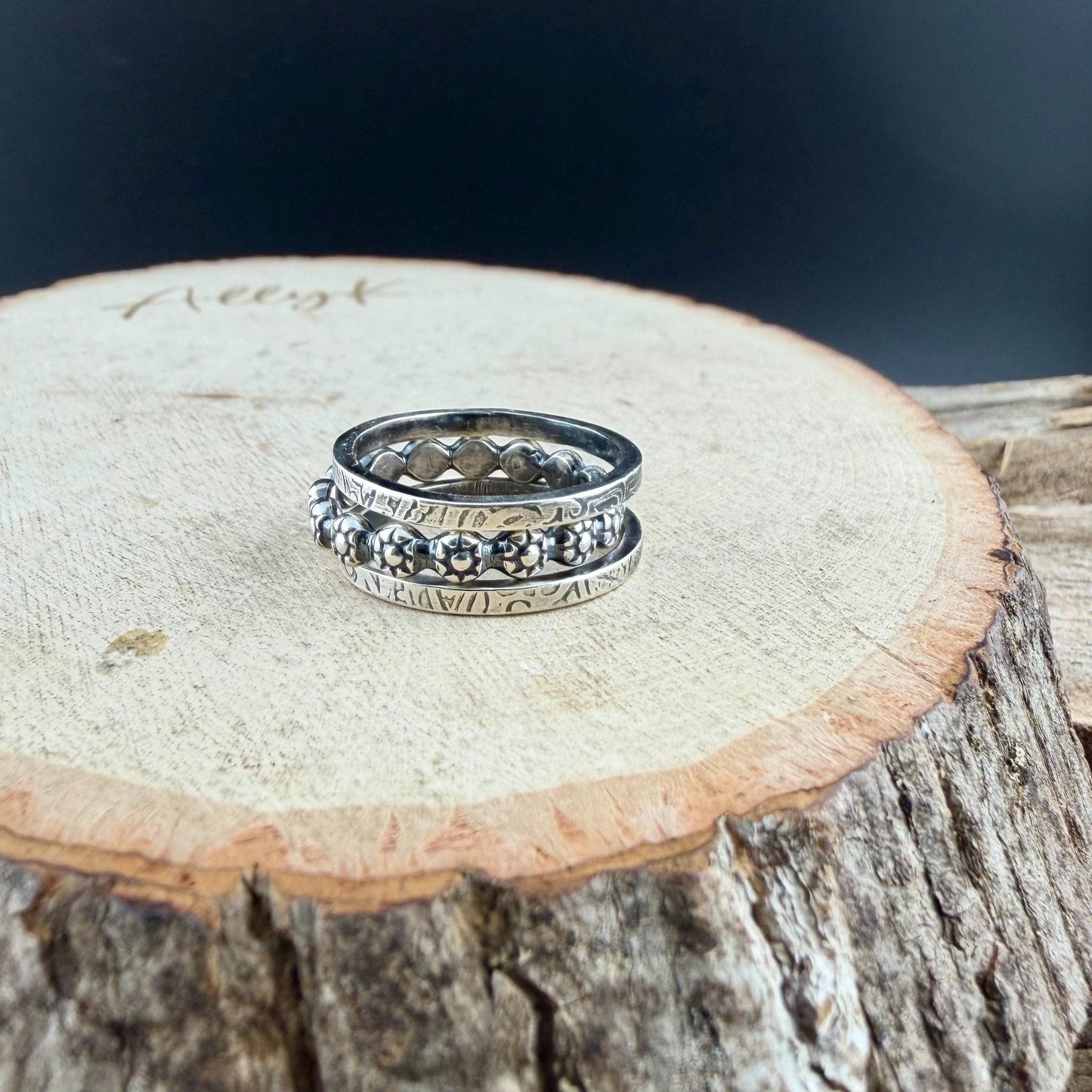 Sterling Ring Stack • 3 Ring Floral Set • Daisy Band • Rustic Silver Rings