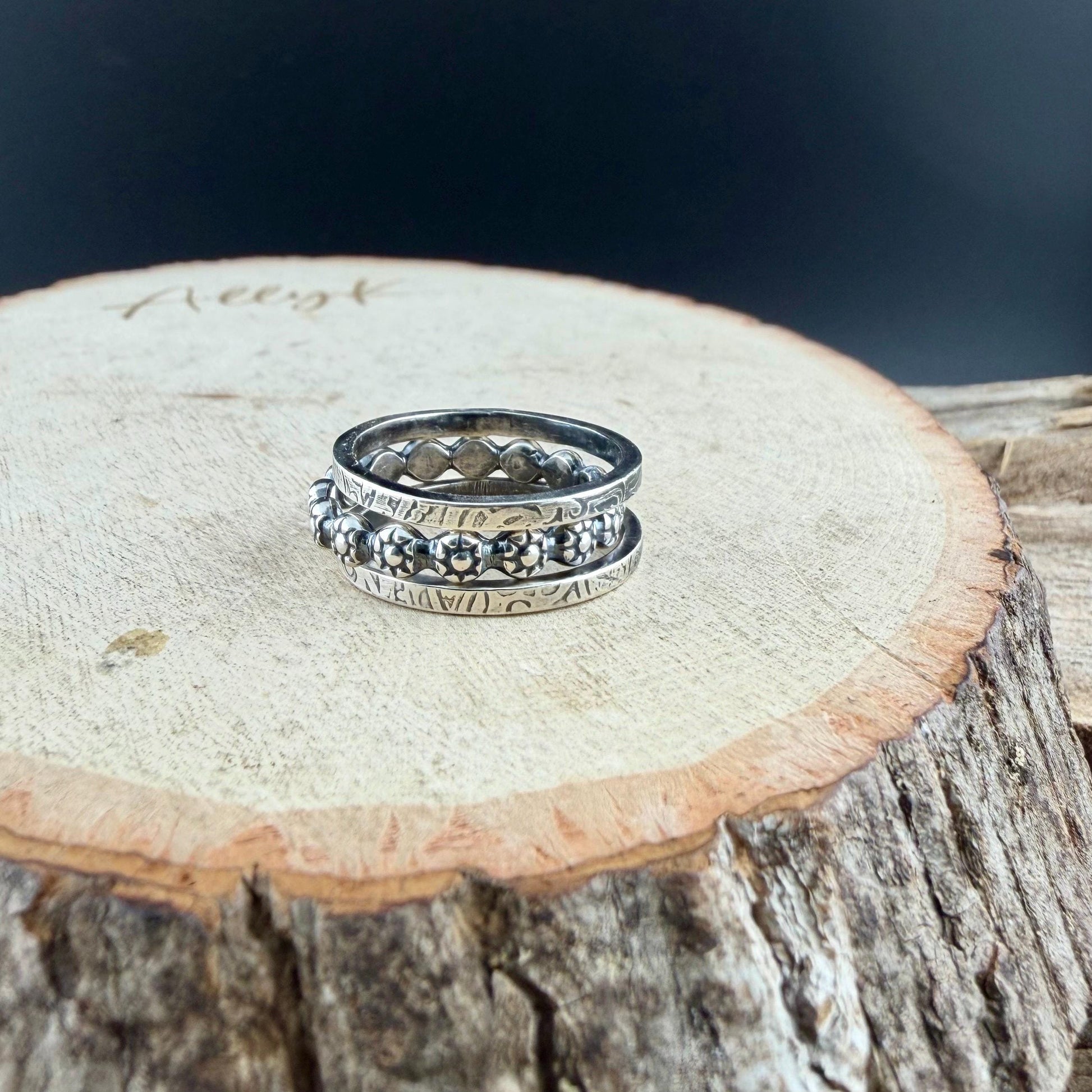 Sterling Ring Stack • 3 Ring Floral Set • Daisy Band • Rustic Silver Rings