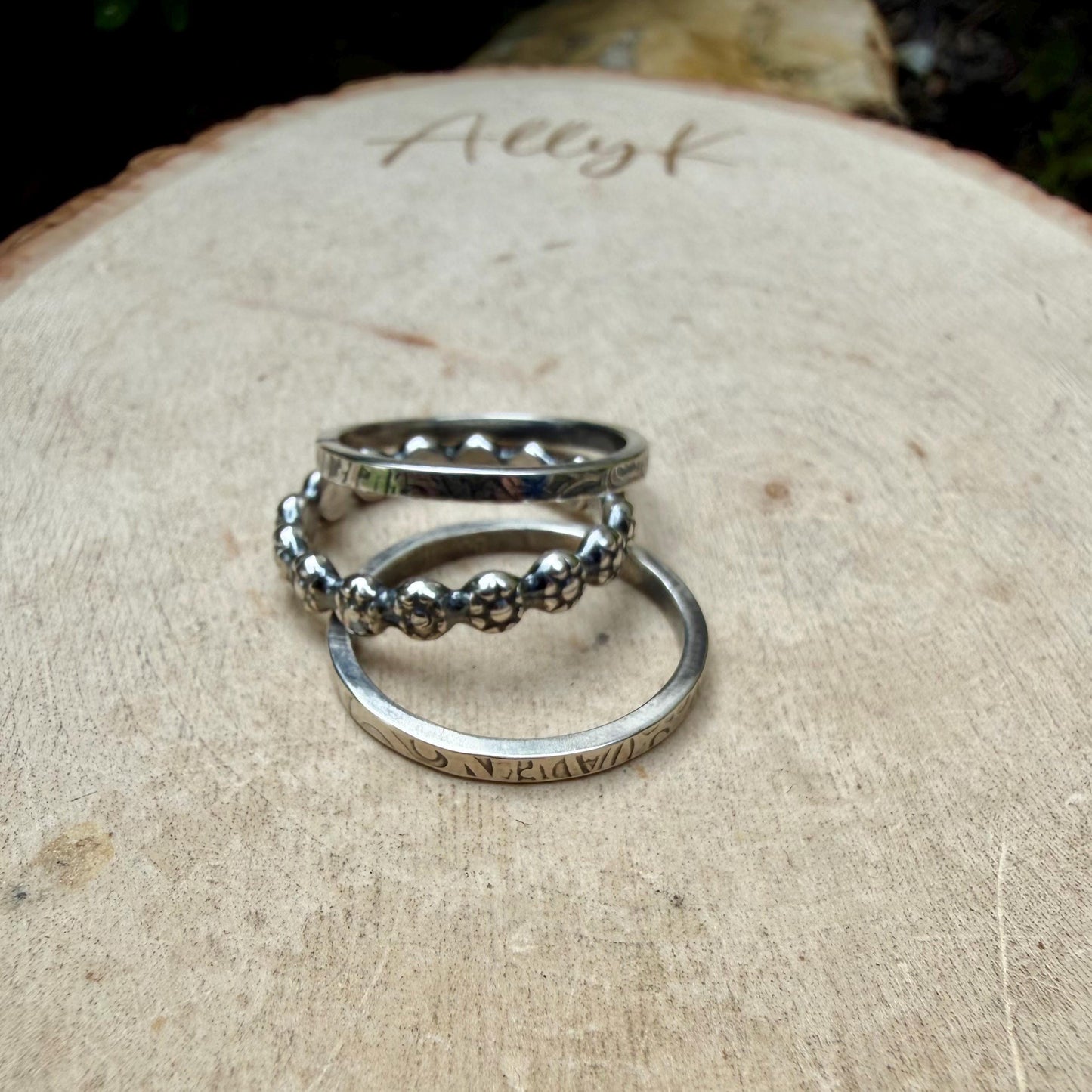 Sterling Ring Stack • 3 Ring Floral Set • Daisy Band • Rustic Silver Rings