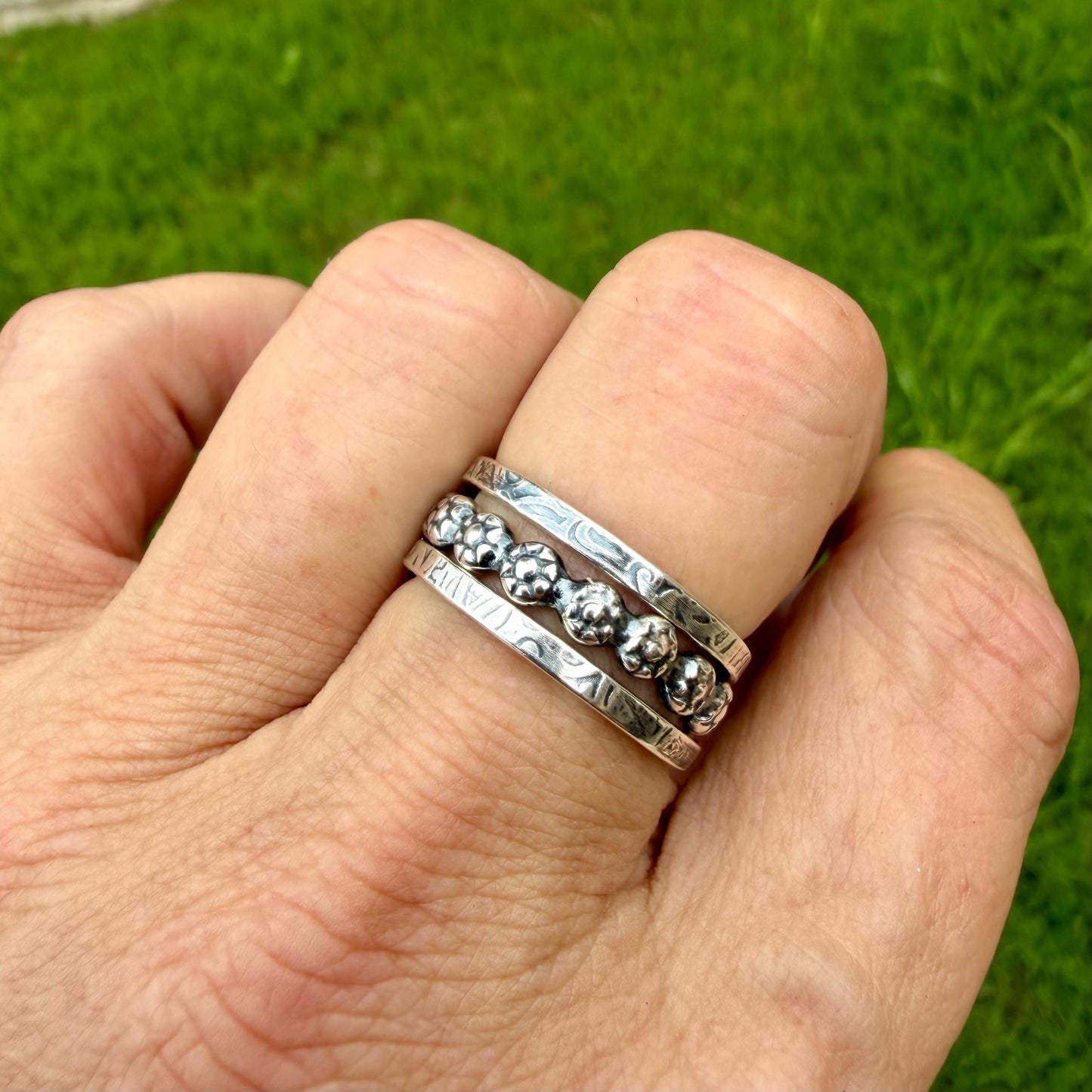 Sterling Ring Stack • 3 Ring Floral Set • Daisy Band • Rustic Silver Rings