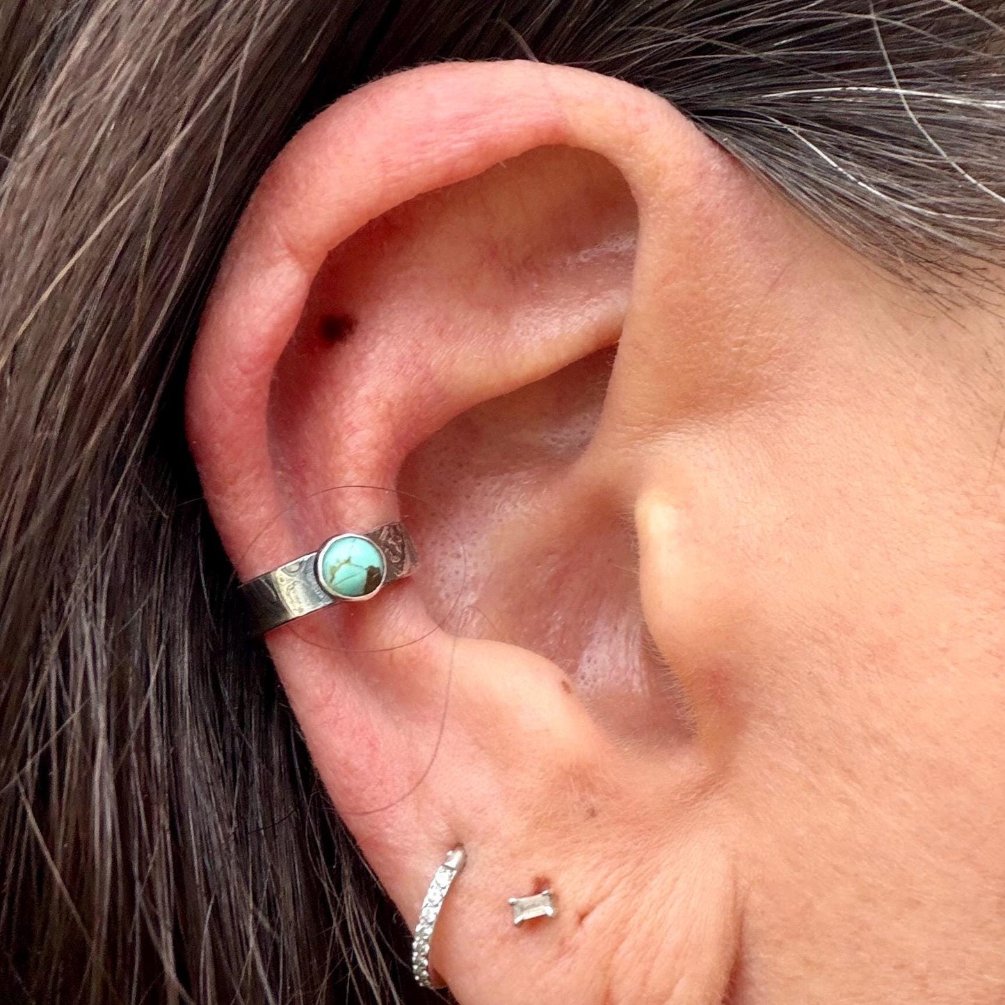 4mm Number 8 Turquoise Ear Cuff • Paisley Sterling Band • Fine Silver Bezel • No Piercing