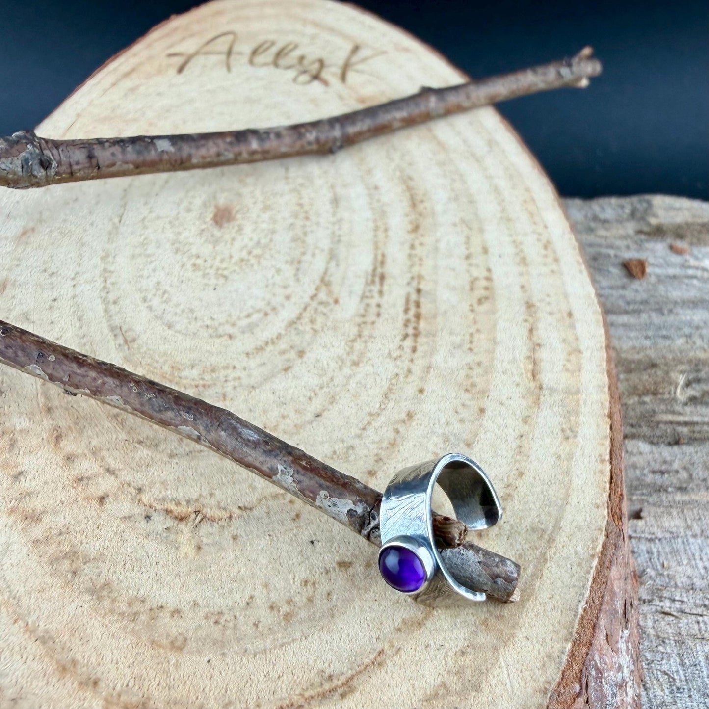 4mm Amethyst Ear Cuff • Paisley Sterling Band • Fine Silver Bezel • No Piercing