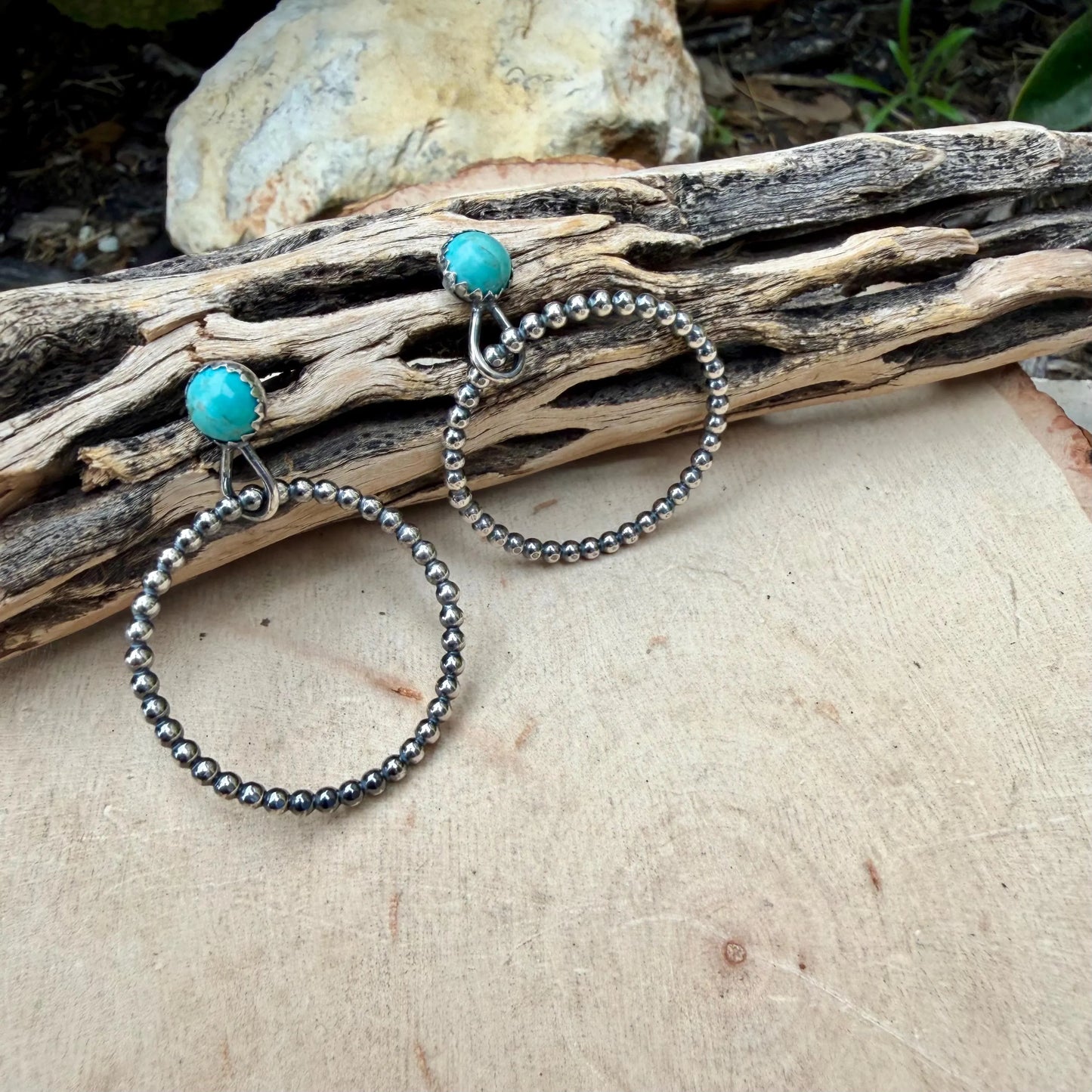 Sterling Silver Turquoise Hoop & Post Earrings • 6mm Kingman Turquoise • Custom Size
