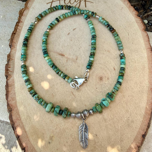 Sterling Silver Feather Pendant Choker with African Turquoise - Unisex Design