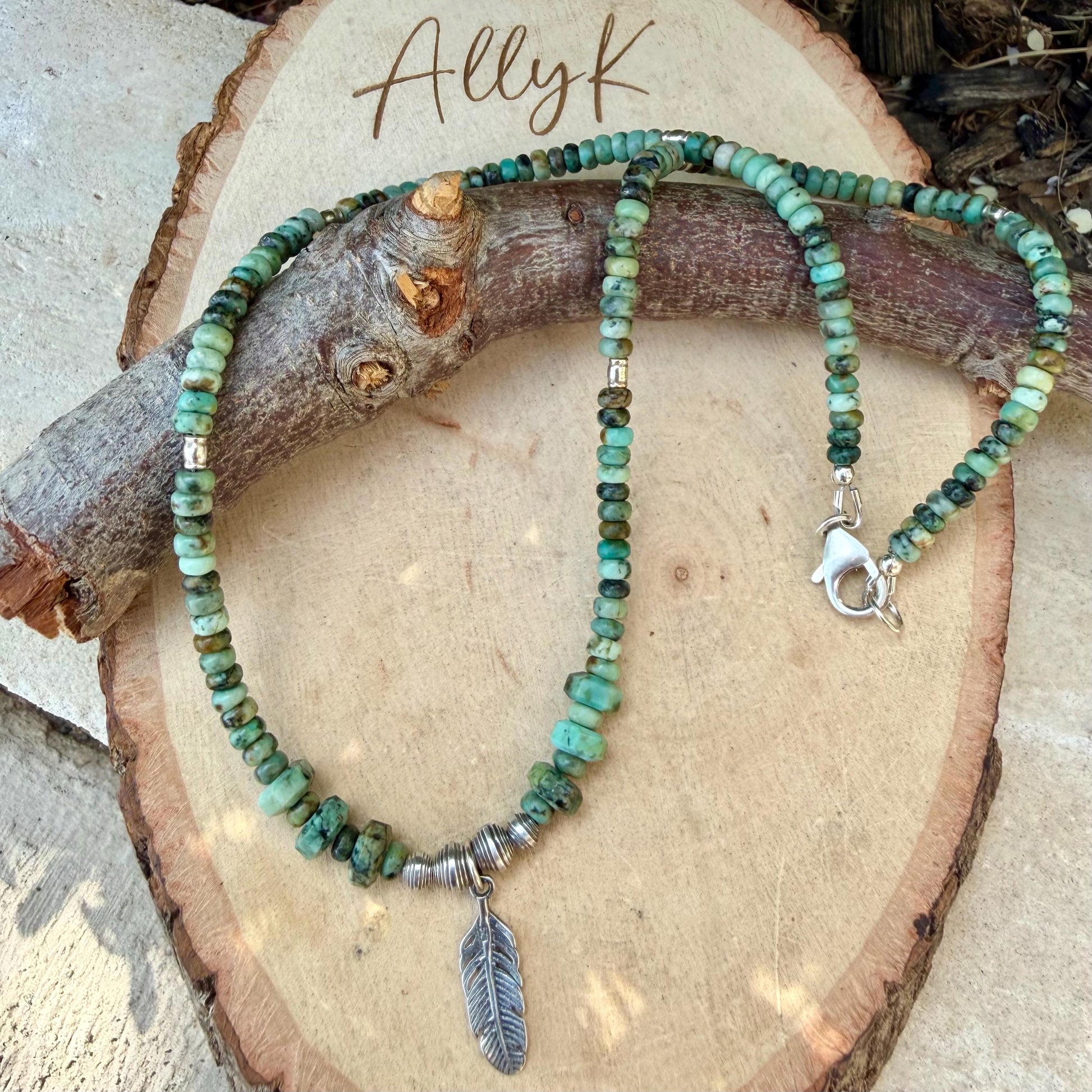 Sterling Silver Feather Pendant Choker with African Turquoise - Unisex Design