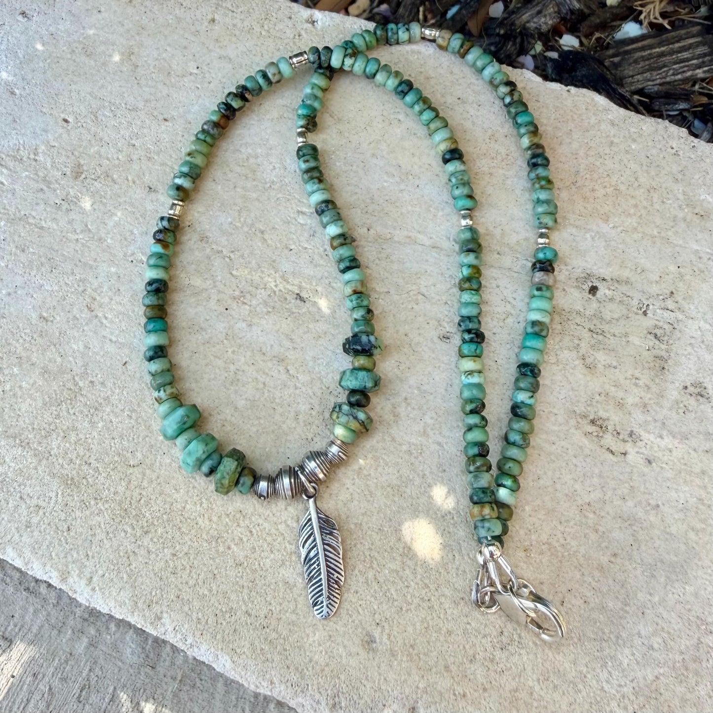 Sterling Silver Feather Pendant Choker with African Turquoise - Unisex Design