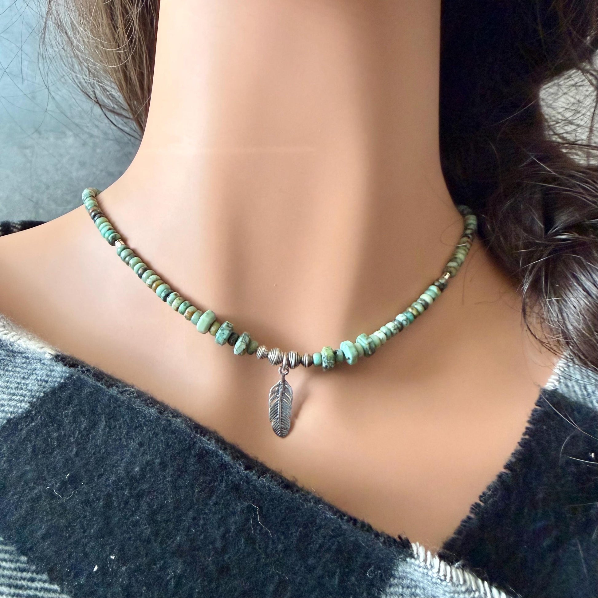 Sterling Silver Feather Pendant Choker with African Turquoise - Unisex Design