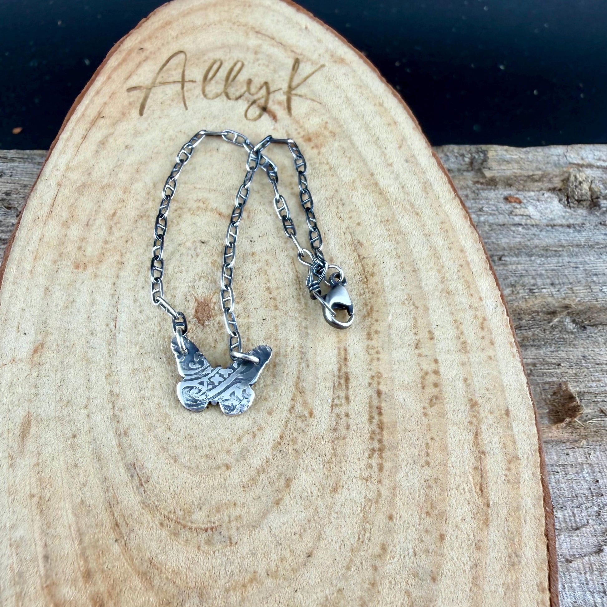 Sterling Silver Butterfly Anklet • Handmade Oxidized Southwest Dainty Ankle Bracelet