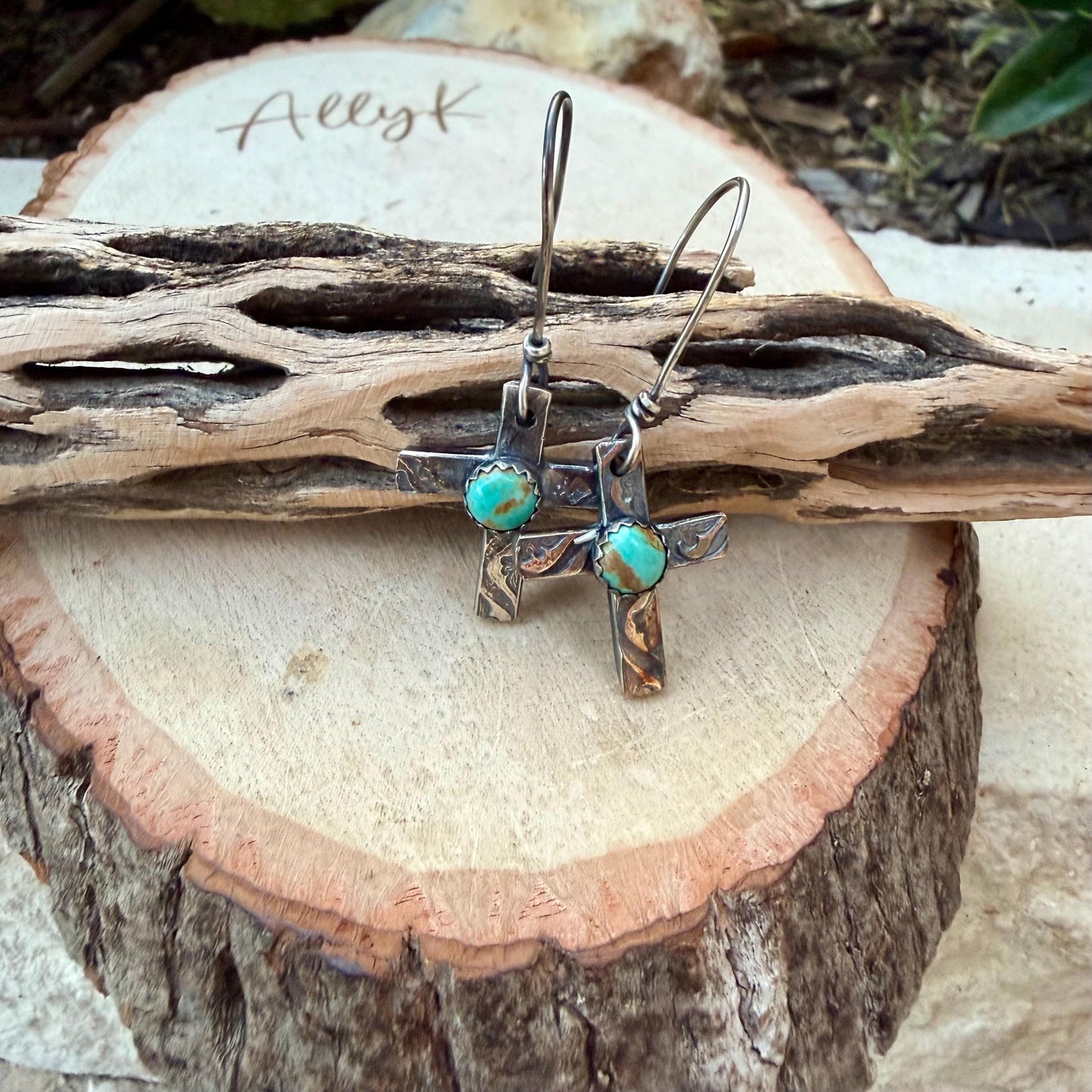 Sterling Silver Cross Earrings • Kingman Turquoise • Handmade Southwest Jewelry