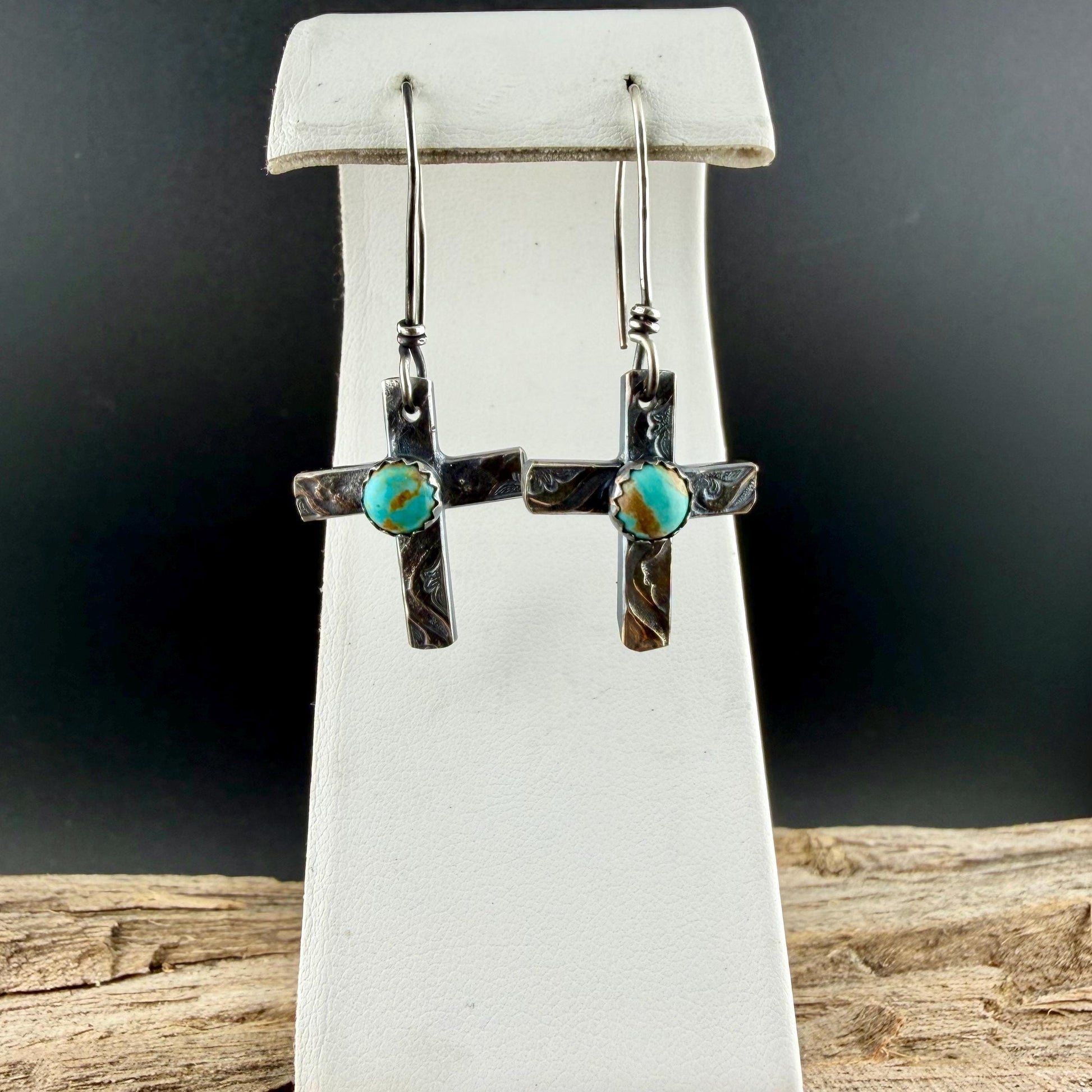 Sterling Silver Cross Earrings • Kingman Turquoise • Handmade Southwest Jewelry