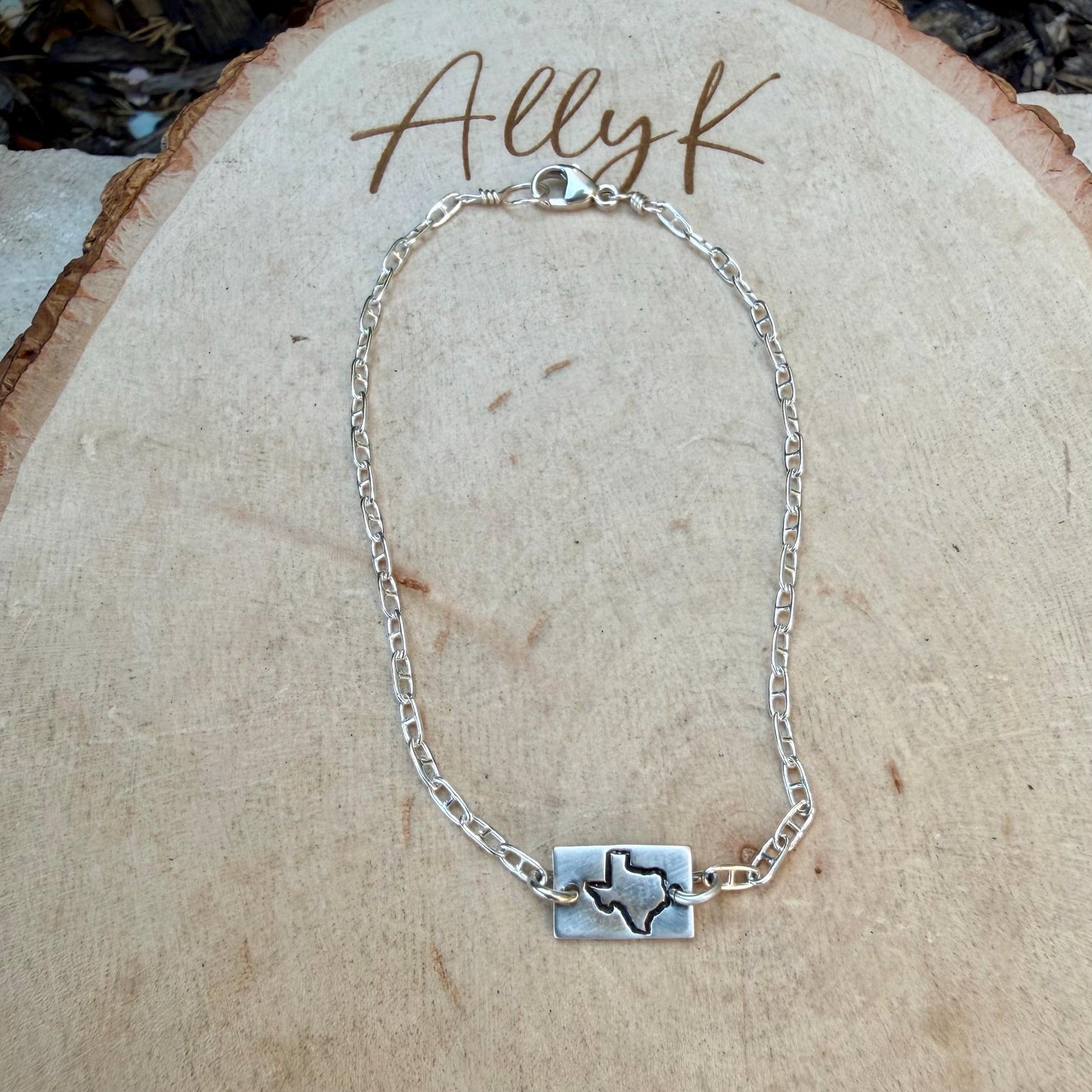 Sterling Silver Texas Anklet • Handmade Embossed State Charm • Southwest Dainty Jewelry