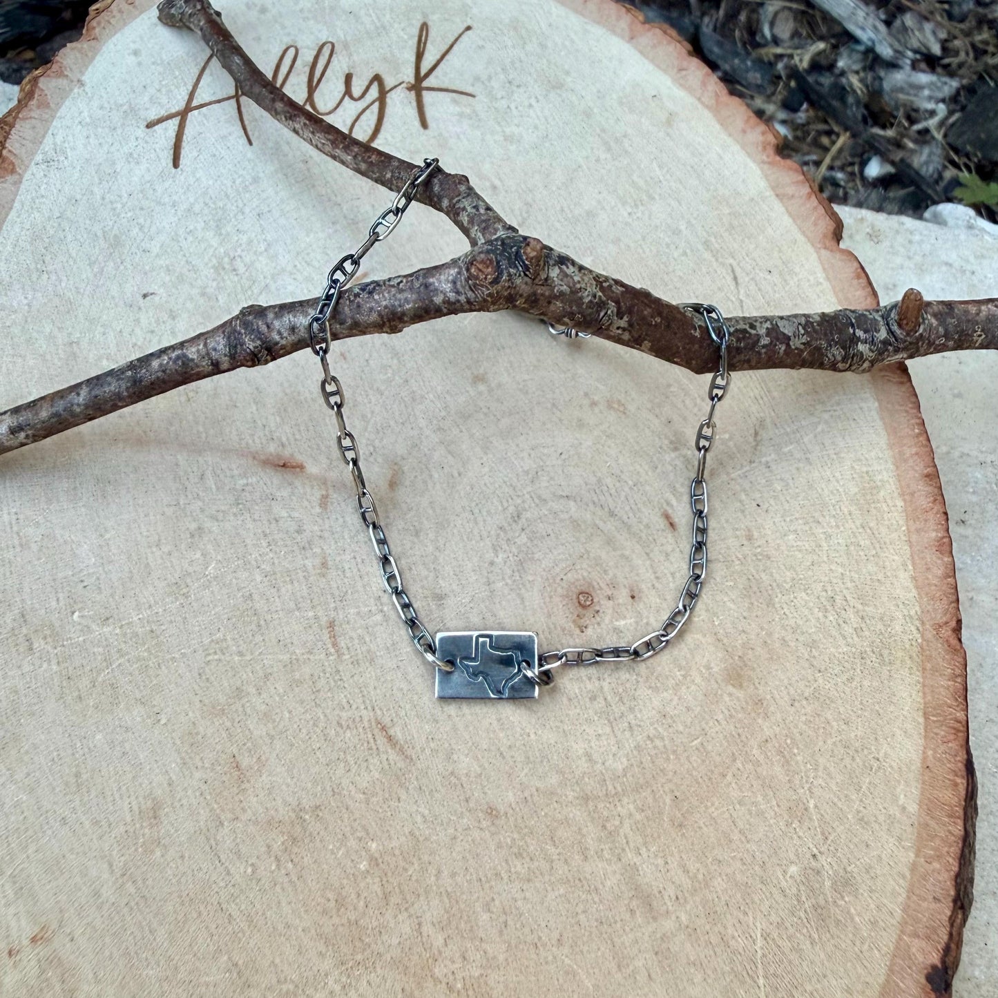Sterling Silver Texas Anklet • Handmade Embossed State Charm • Southwest Dainty Jewelry