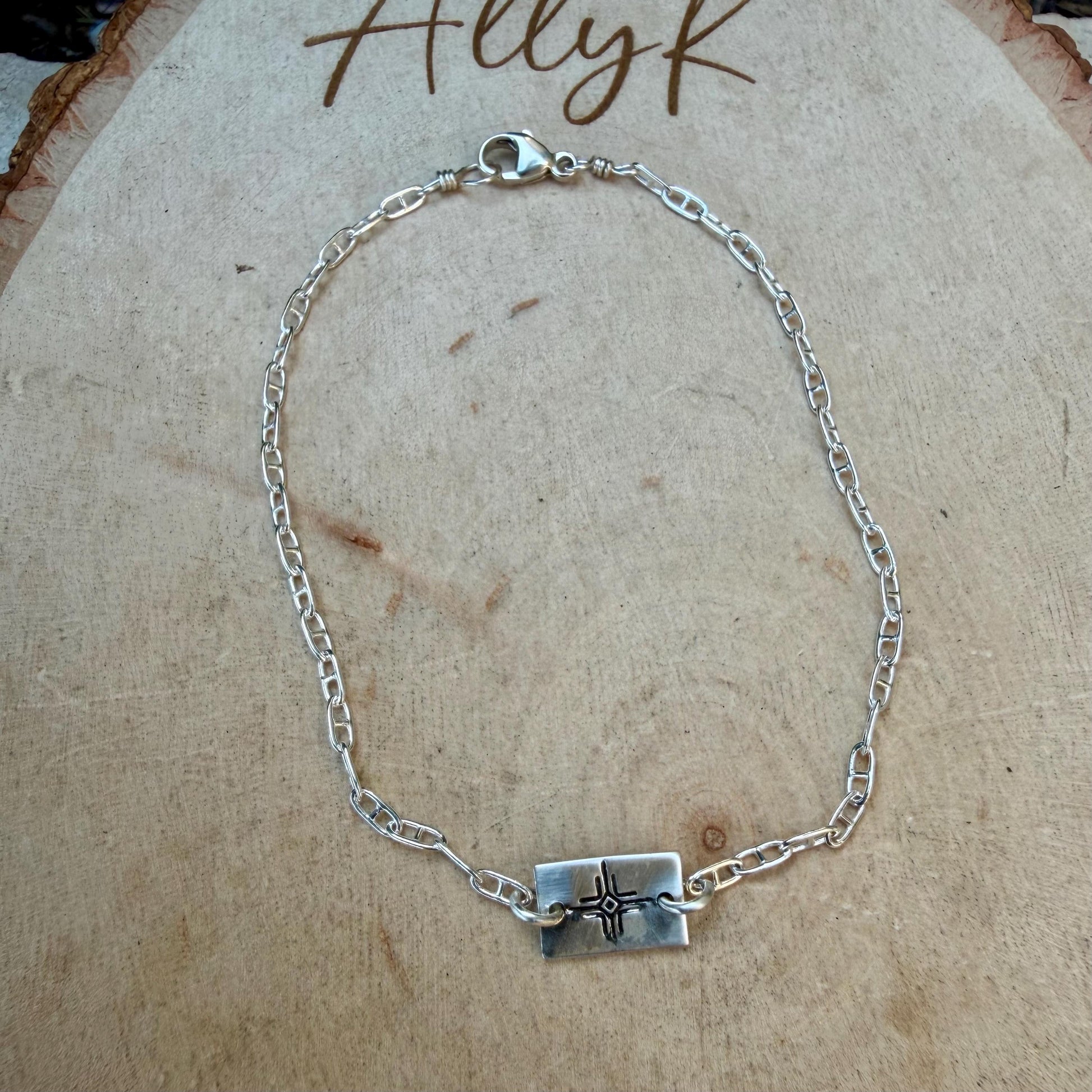Sterling Silver Zia Sun Bracelet • Handmade Embossed Southwest Symbol • Dainty Jewelry