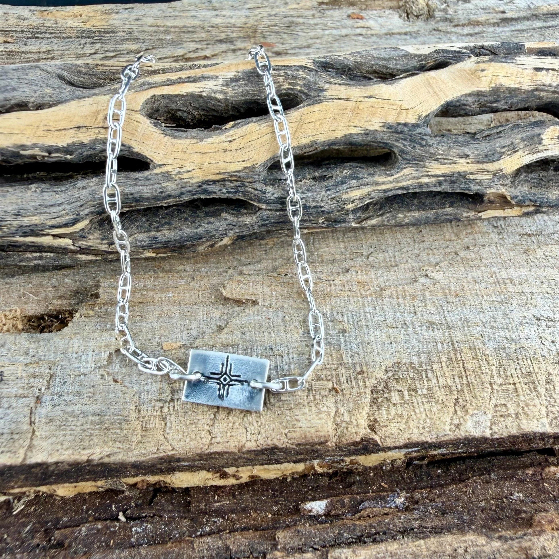 Sterling Silver Zia Sun Bracelet • Handmade Embossed Southwest Symbol • Dainty Jewelry