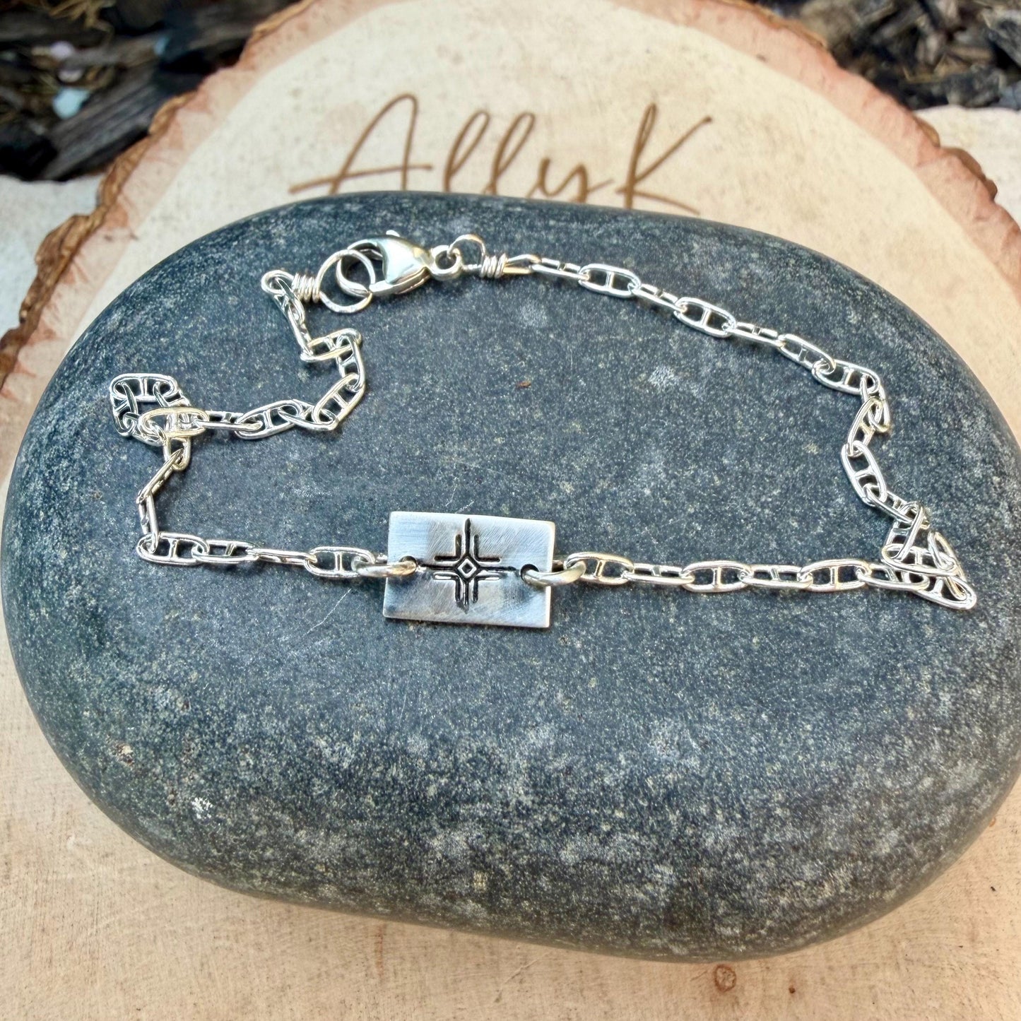 Sterling Silver Zia Sun Bracelet • Handmade Embossed Southwest Symbol • Dainty Jewelry