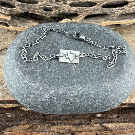 Sterling Silver Texas Anklet • Handmade Embossed State Charm • Southwest Dainty Jewelry