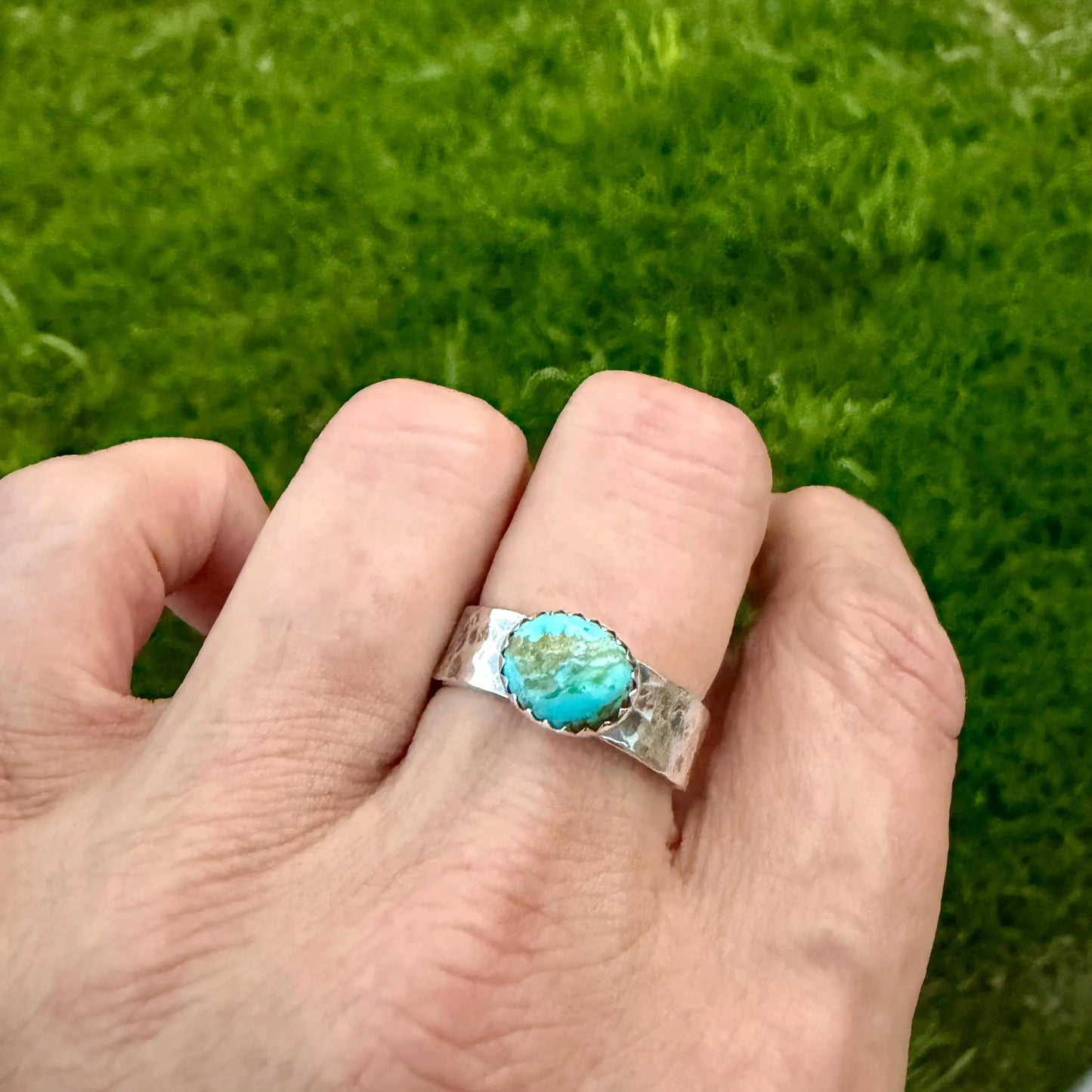Sterling Silver Kingman Turquoise Ring • Wide Band • Hammered or Smooth Finish