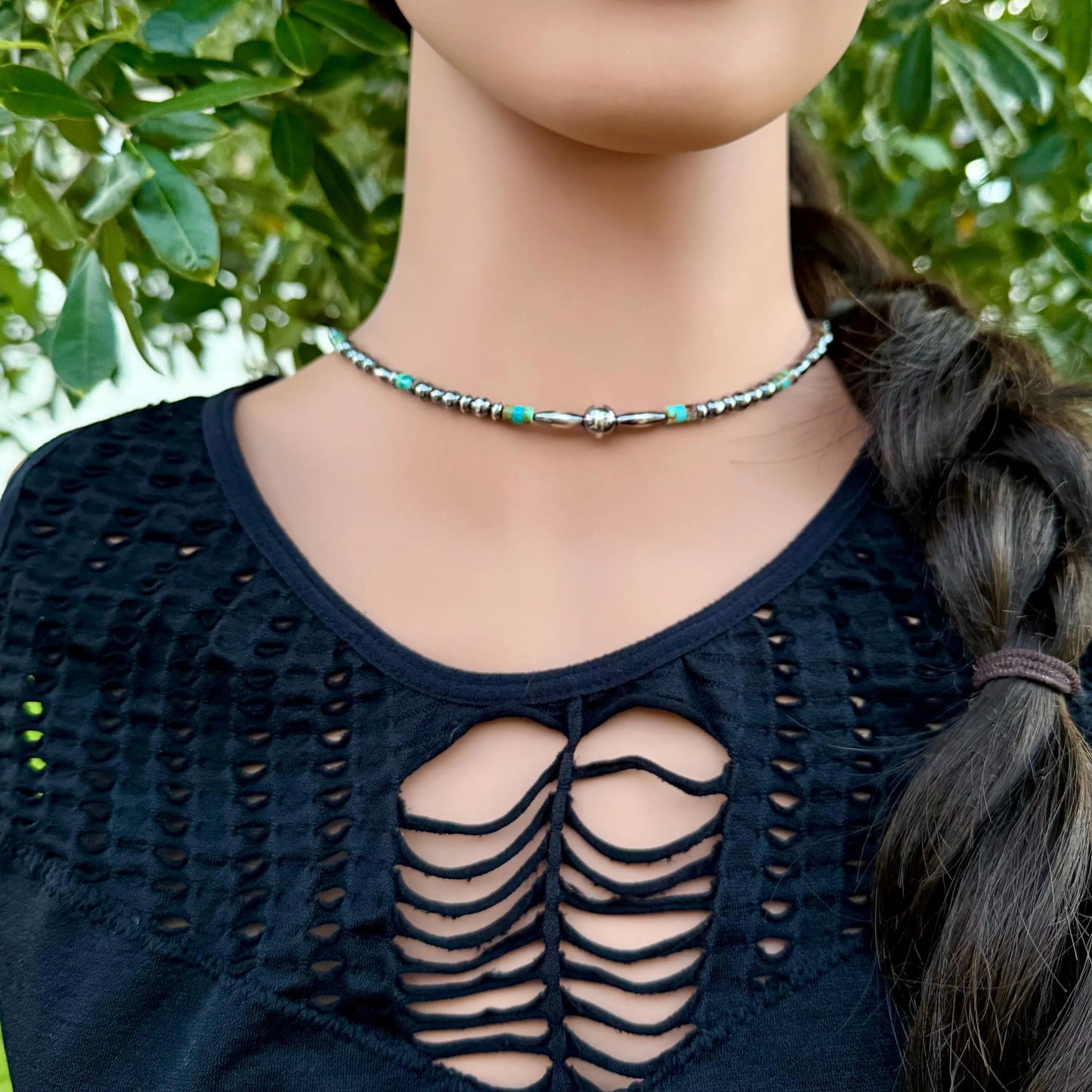 Desert Pearl & Kingman Turquoise Choker Necklace • Sterling Silver Southwest Style