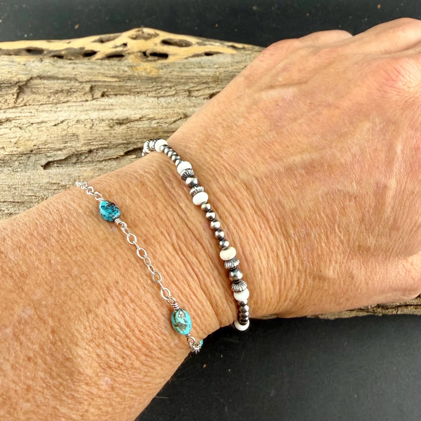 Southwestern Sterling Desert Pearl and White Turquoise Bracelet • Silver Stacker