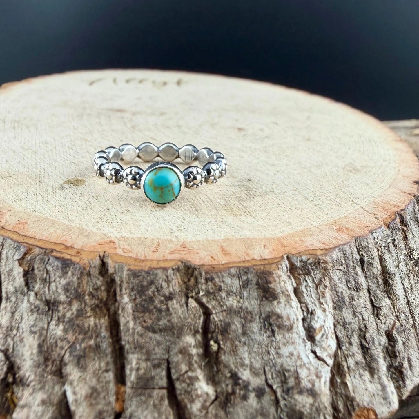Kingman Turquoise Sterling Silver Ring • 6mm Cabochon • Floral Daisy Band • 925 Jewelry