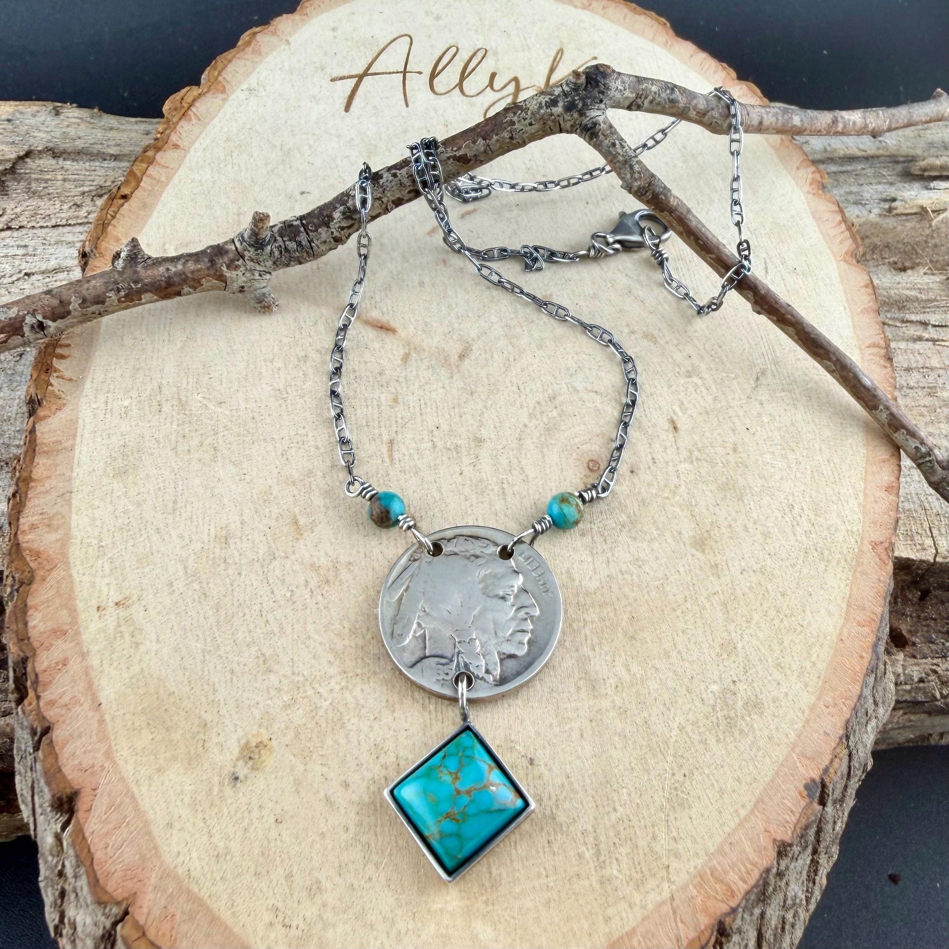 Buffalo Nickel Kingman Turquoise Necklace • Sterling Silver Stacked Drop Pendant • Vintage Coin Choker