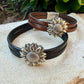 Sunflower Leather Bracelet • Double‑Strand 5mm Leather • Antique Silver Magnetic Cuff