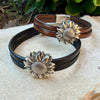 Sunflower Leather Bracelet • Double‑Strand 5mm Leather • Antique Silver Magnetic Cuff