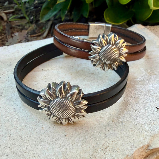 Sunflower Leather Bracelet • Double‑Strand 5mm Leather • Antique Silver Magnetic Cuff