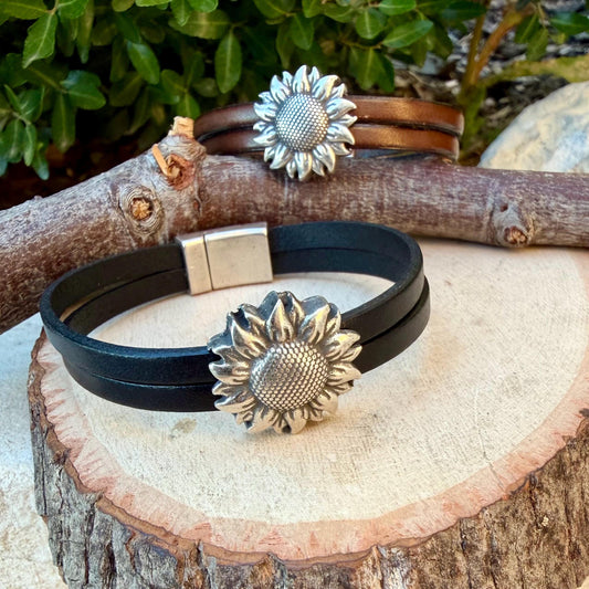 Sunflower Leather Bracelet • Double‑Strand 5mm Leather • Antique Silver Magnetic Cuff