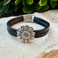Sunflower Leather Bracelet • Double‑Strand 5mm Leather • Antique Silver Magnetic Cuff