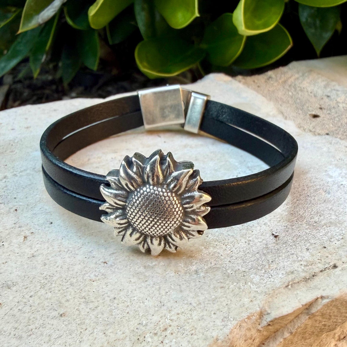 Sunflower Leather Bracelet • Double‑Strand 5mm Leather • Antique Silver Magnetic Cuff