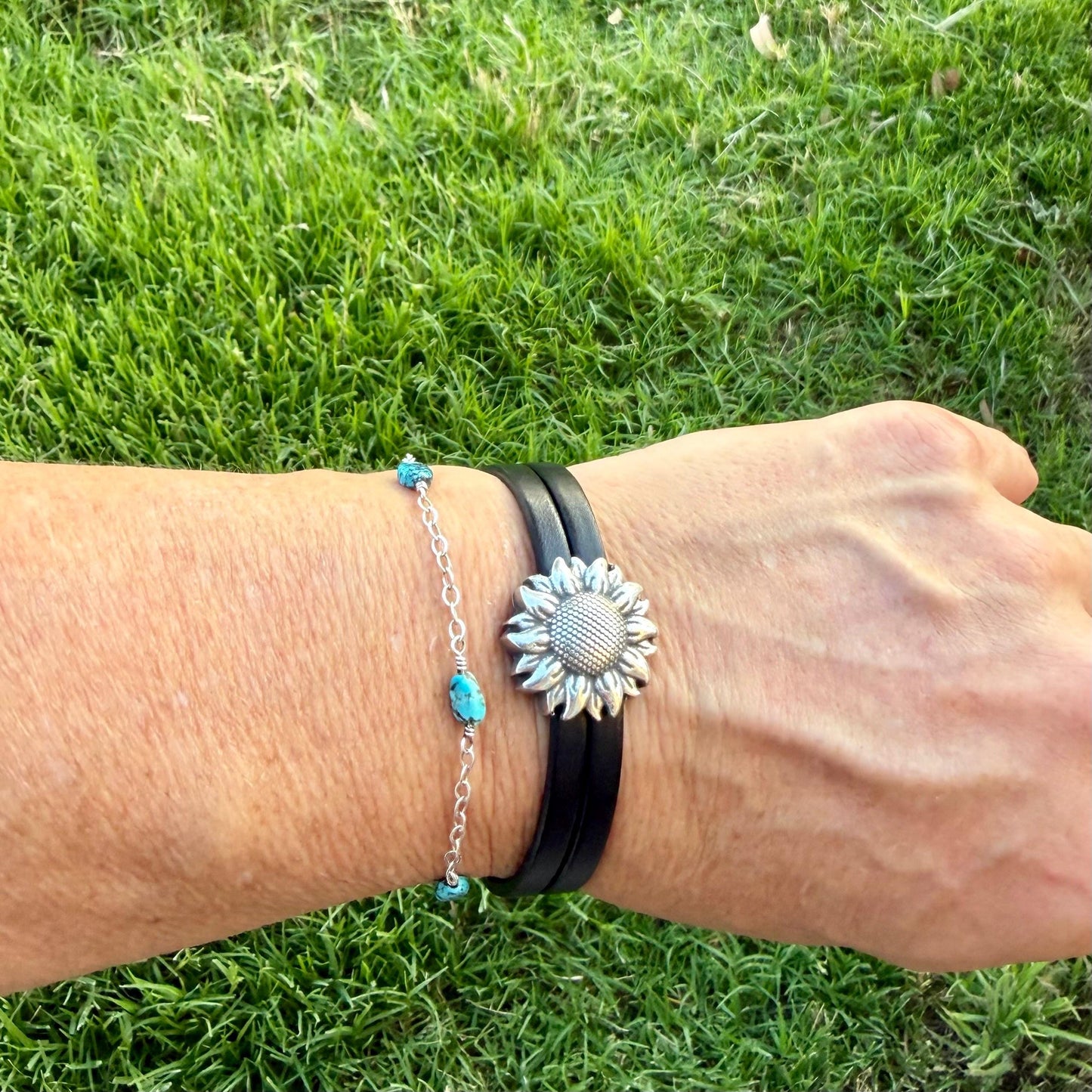 Sunflower Leather Bracelet • Double‑Strand 5mm Leather • Antique Silver Magnetic Cuff