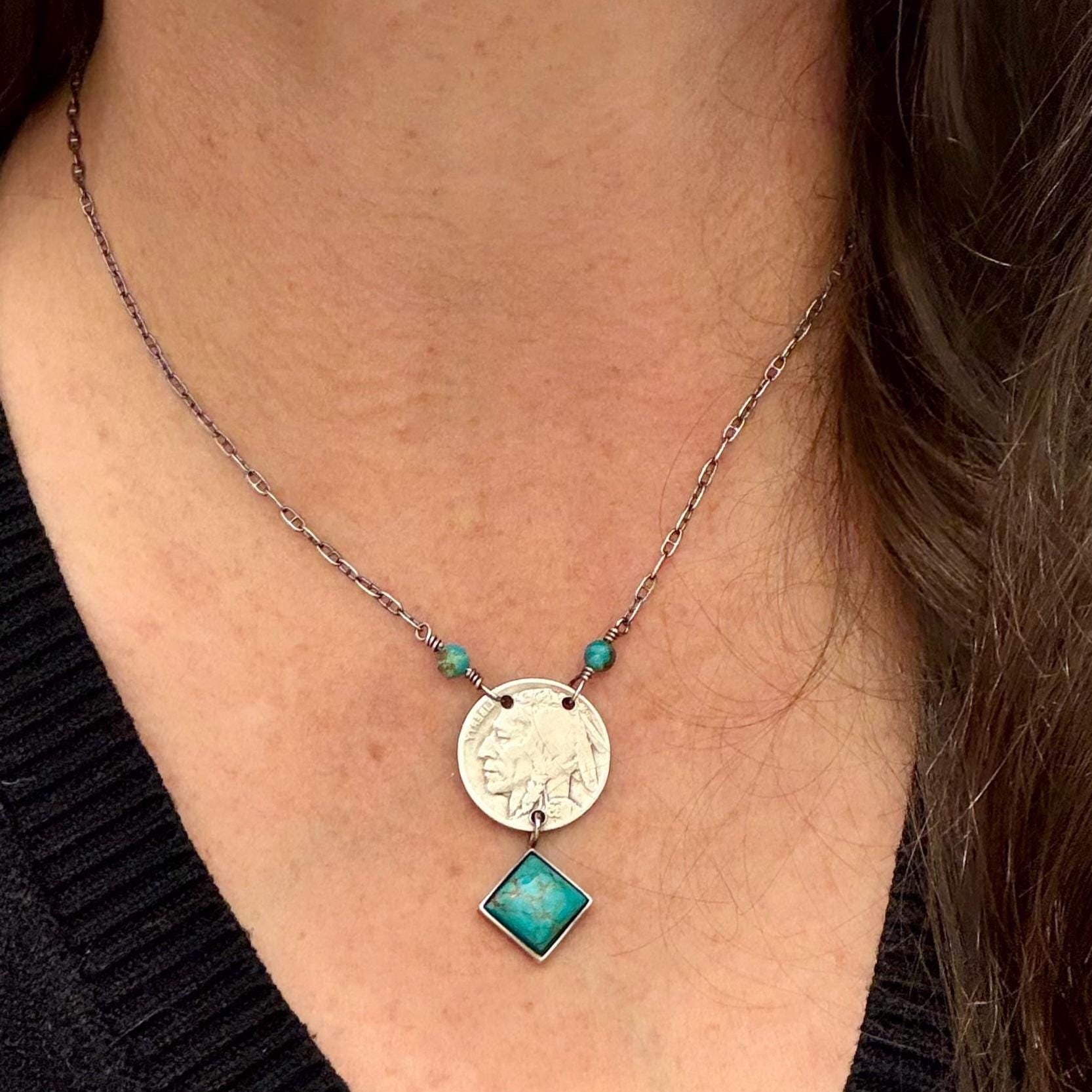 Buffalo Nickel Kingman Turquoise Necklace • Sterling Silver Stacked Drop Pendant • Vintage Coin Choker