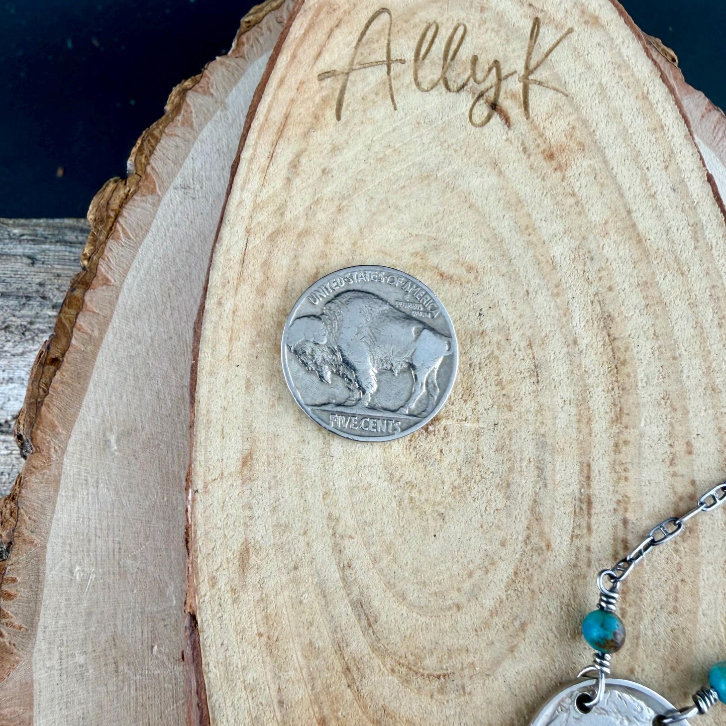 Buffalo Nickel Kingman Turquoise Necklace • Sterling Silver Stacked Drop Pendant • Vintage Coin Choker
