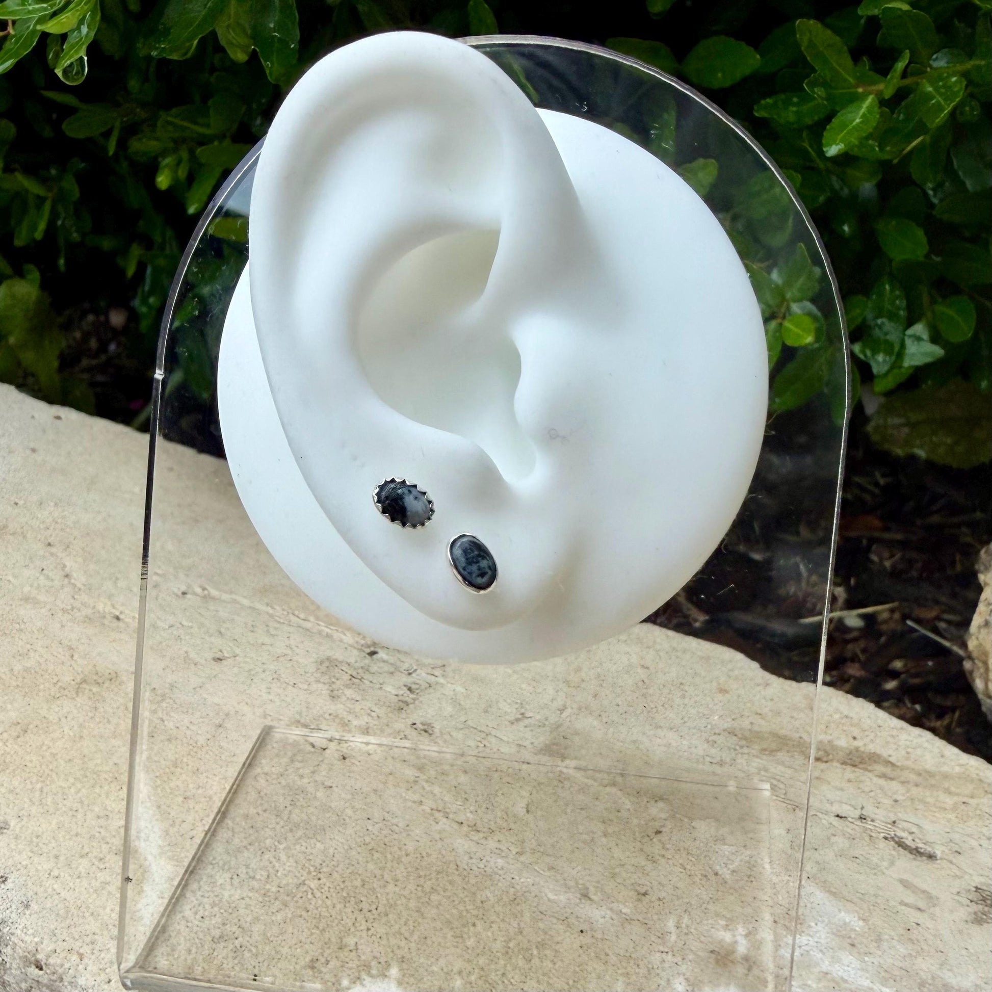 4x6mm White Buffalo Stud Earrings • Sterling Silver • Smooth or Serrated Bezel