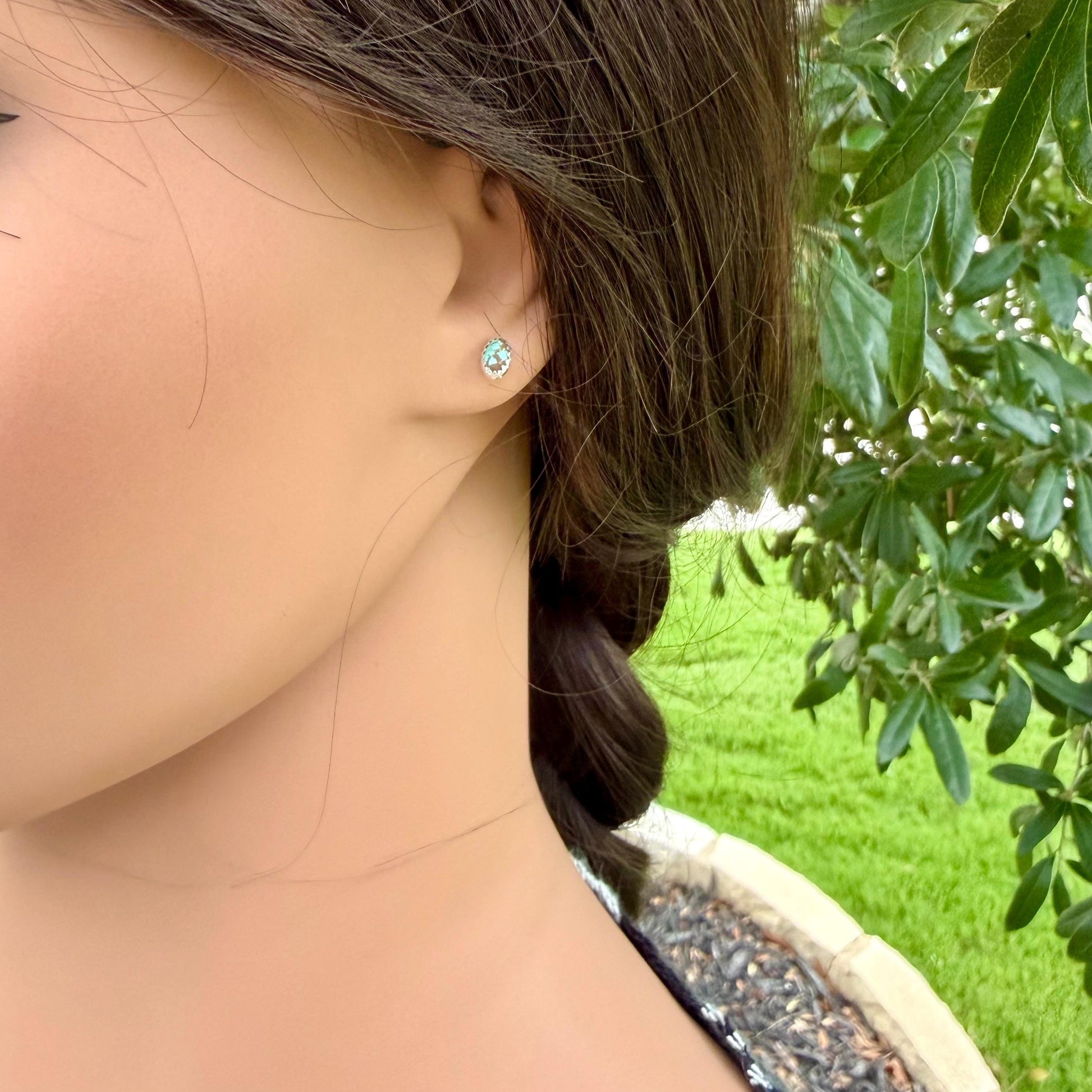 4×6mm Turquoise Stud Earrings Sterling Silver • Number 8 Turquoise Cabochon Posts