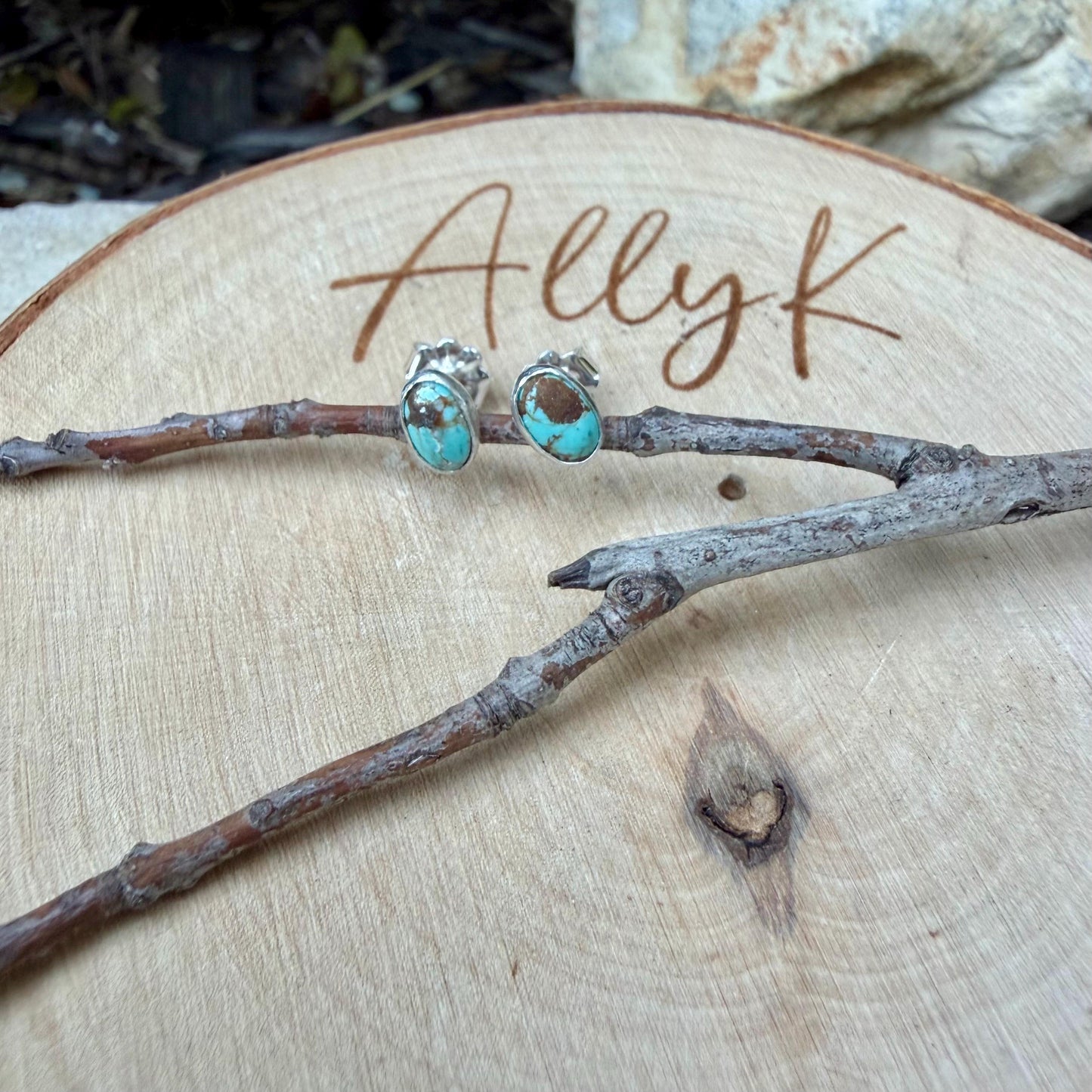 4×6mm Turquoise Stud Earrings Sterling Silver • Number 8 Turquoise Cabochon Posts