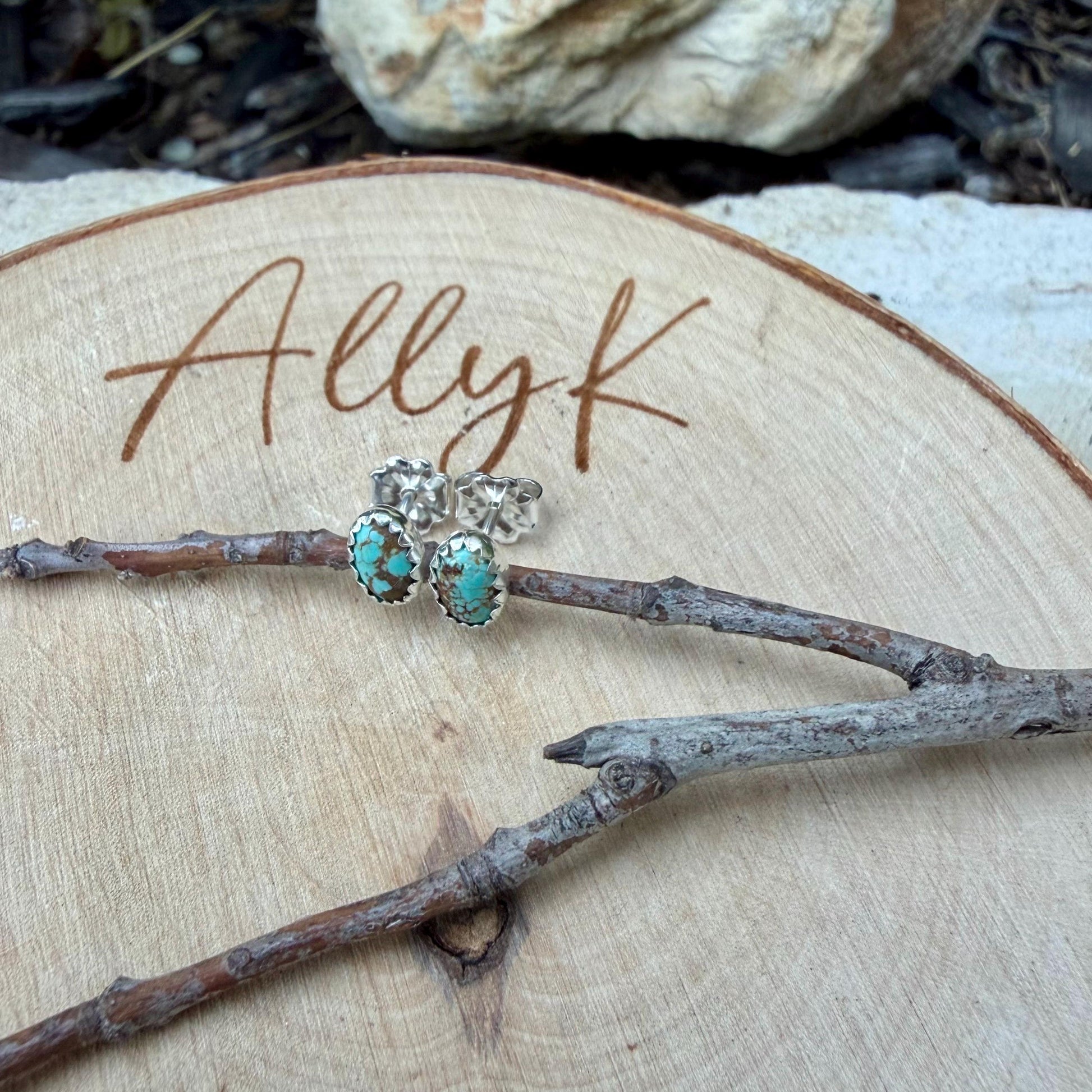 4×6mm Turquoise Stud Earrings Sterling Silver • Number 8 Turquoise Cabochon Posts