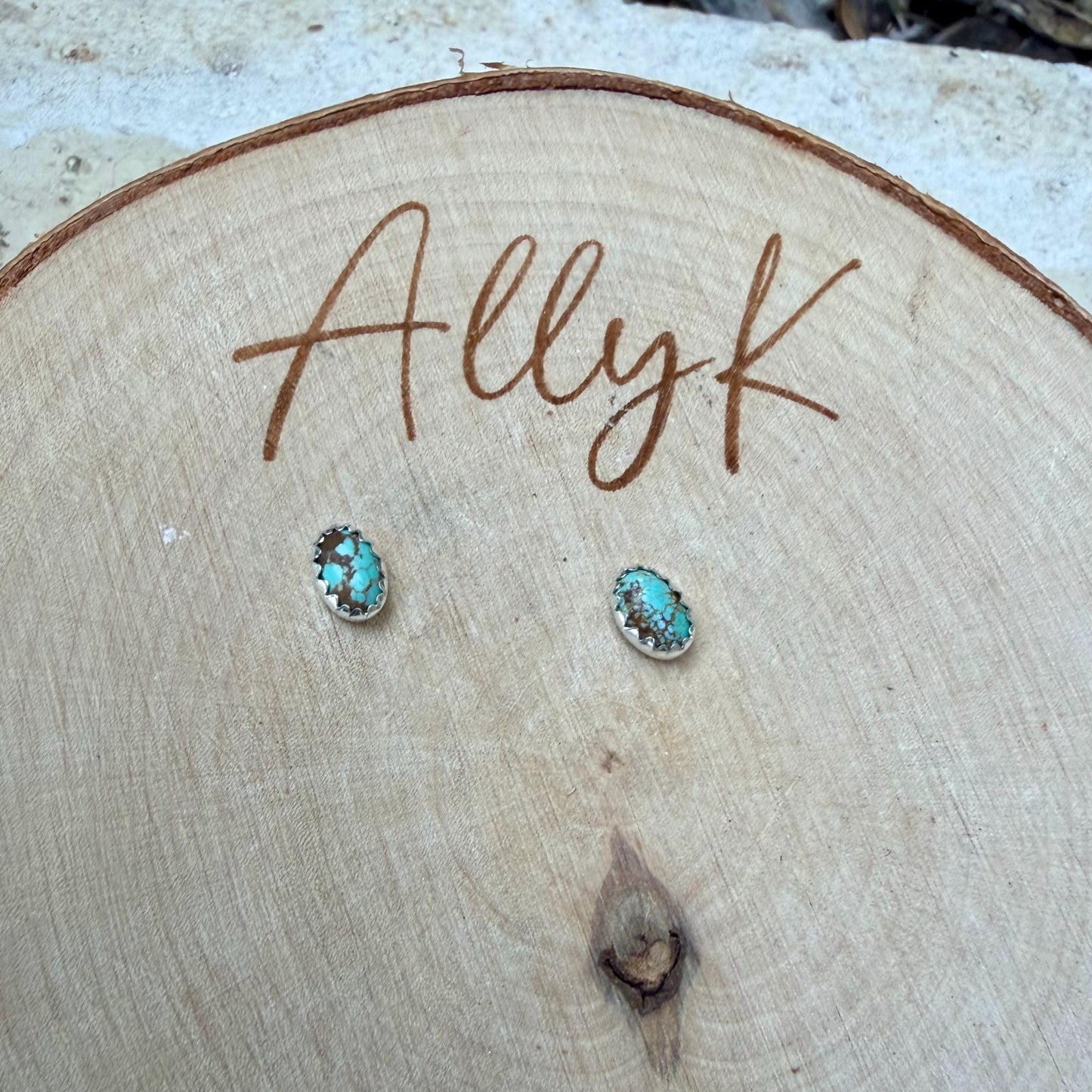 4×6mm Turquoise Stud Earrings Sterling Silver • Number 8 Turquoise Cabochon Posts