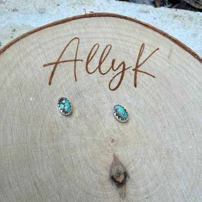 4×6mm Turquoise Stud Earrings Sterling Silver • Number 8 Turquoise Cabochon Posts