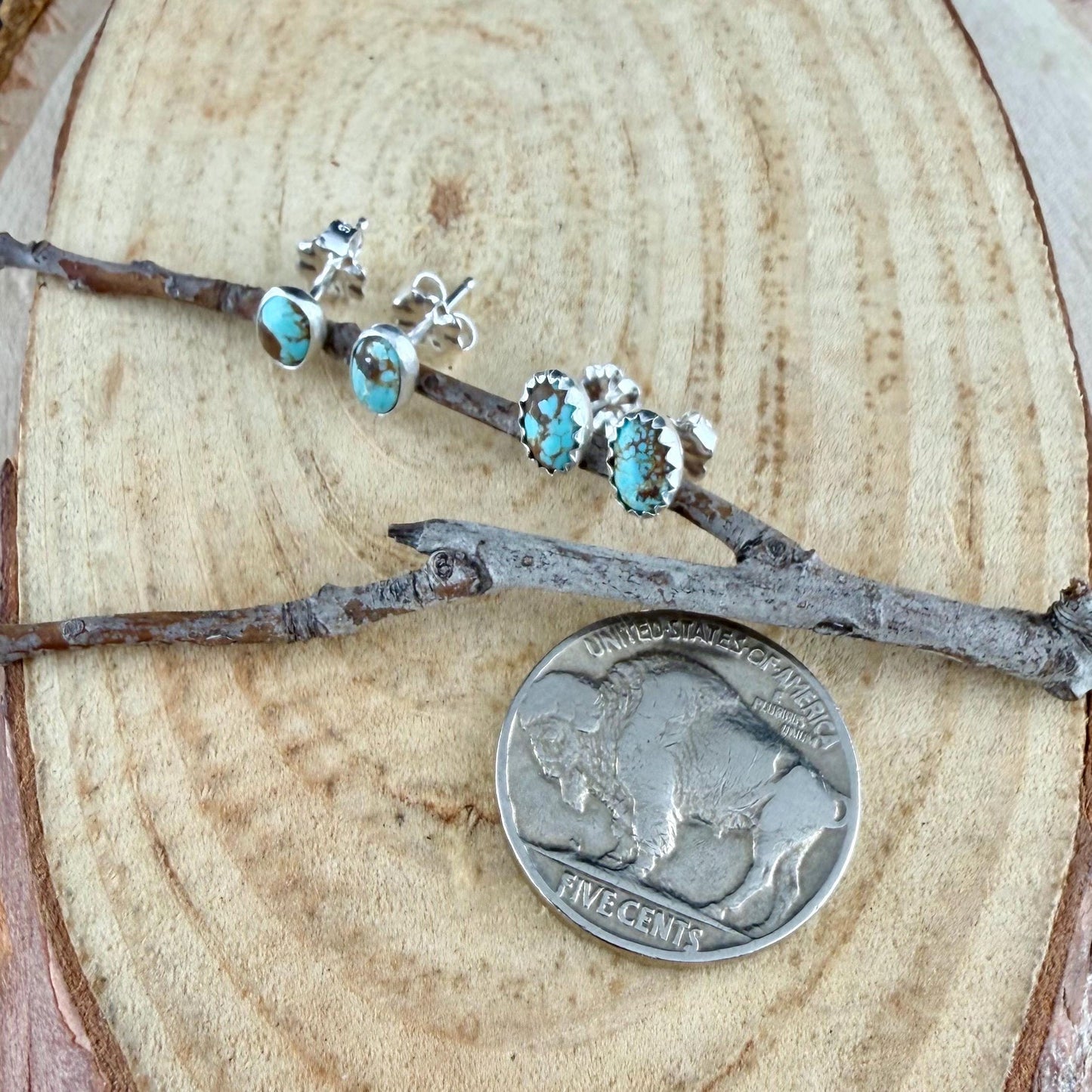 4×6mm Turquoise Stud Earrings Sterling Silver • Number 8 Turquoise Cabochon Posts