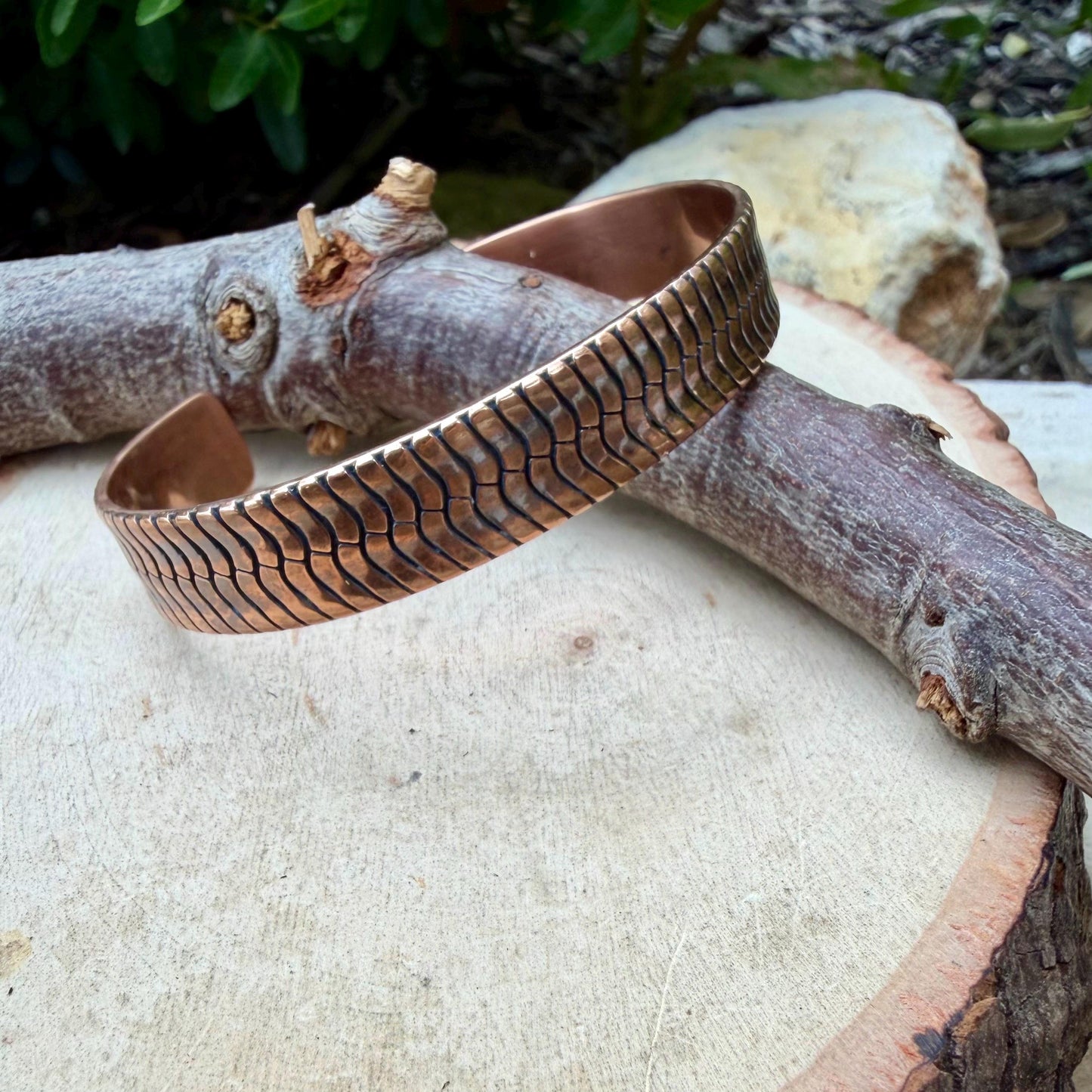 Herringbone Copper Cuff Bracelet – Rustic Antique Patina Design