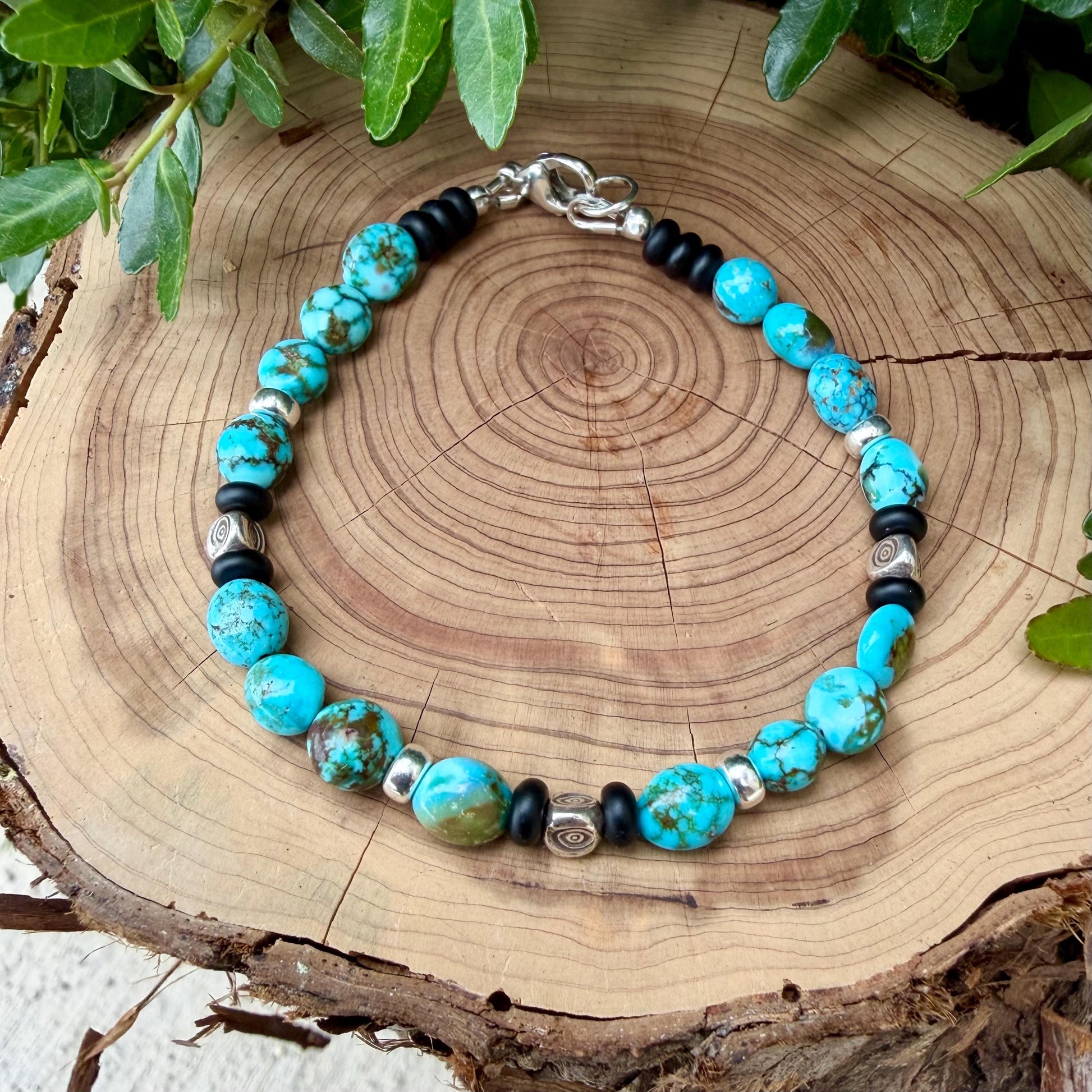 Kingman Turquoise Nugget Bracelet • Black Onyx • Sterling Silver • Evil Eye or Feather Charm