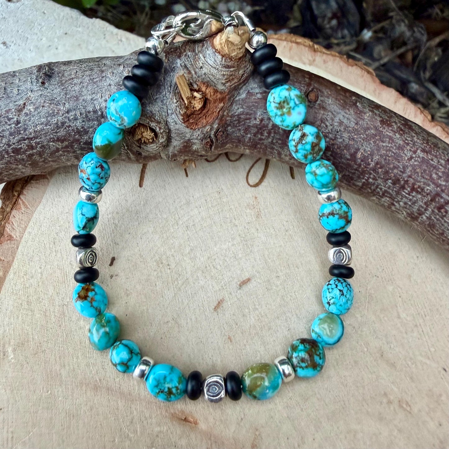 Kingman Turquoise Nugget Bracelet • Black Onyx • Sterling Silver • Evil Eye or Feather Charm