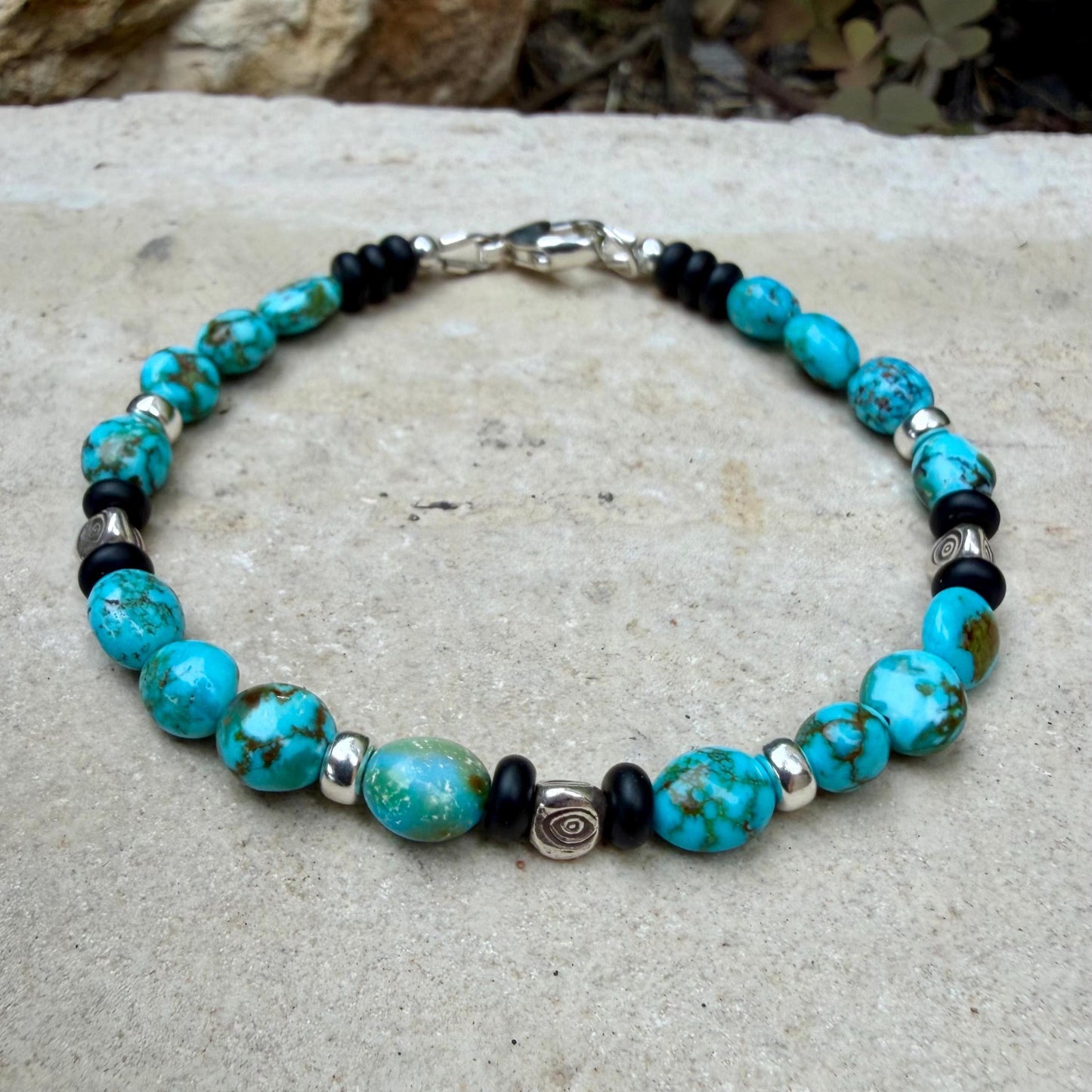 Kingman Turquoise Nugget Bracelet • Black Onyx • Sterling Silver • Evil Eye or Feather Charm